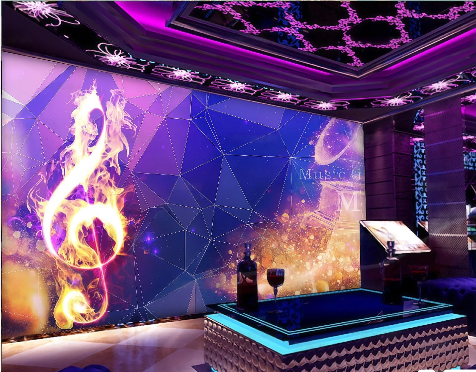 Rskjdghshd 3D Wallpaper Three-Dimensional Fashion Space Flame Notes Music Theme Bar Western Restaurant Background Wall Mural Afternoon Tea Coffee Shop Wallpaper,,200X140cm