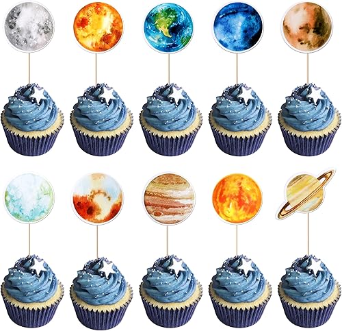 Paquete de 40 adornos para cupcakes del espacio exterior, planeta, cohete, naves espaciales, viaje a la luna, estrella, cupcakes, sistema solar,