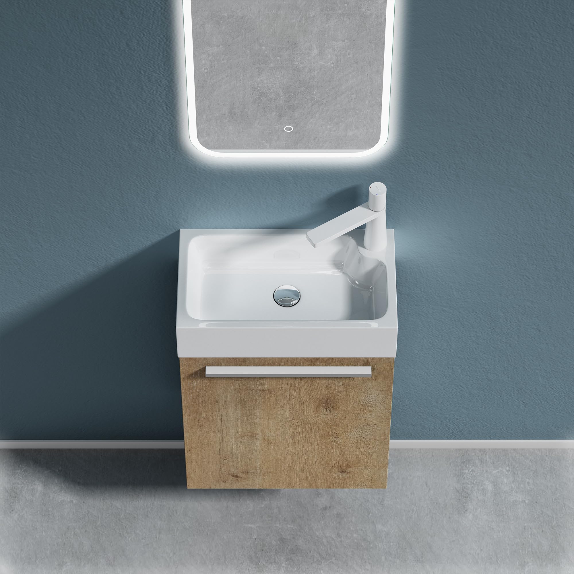 doporro Mobile Bagno Sospeso 46cm Marrone Chiaro, Mobile Sottolavabo per WC Ospiti con Lavabo in Marmoresina Bianco, Pisa