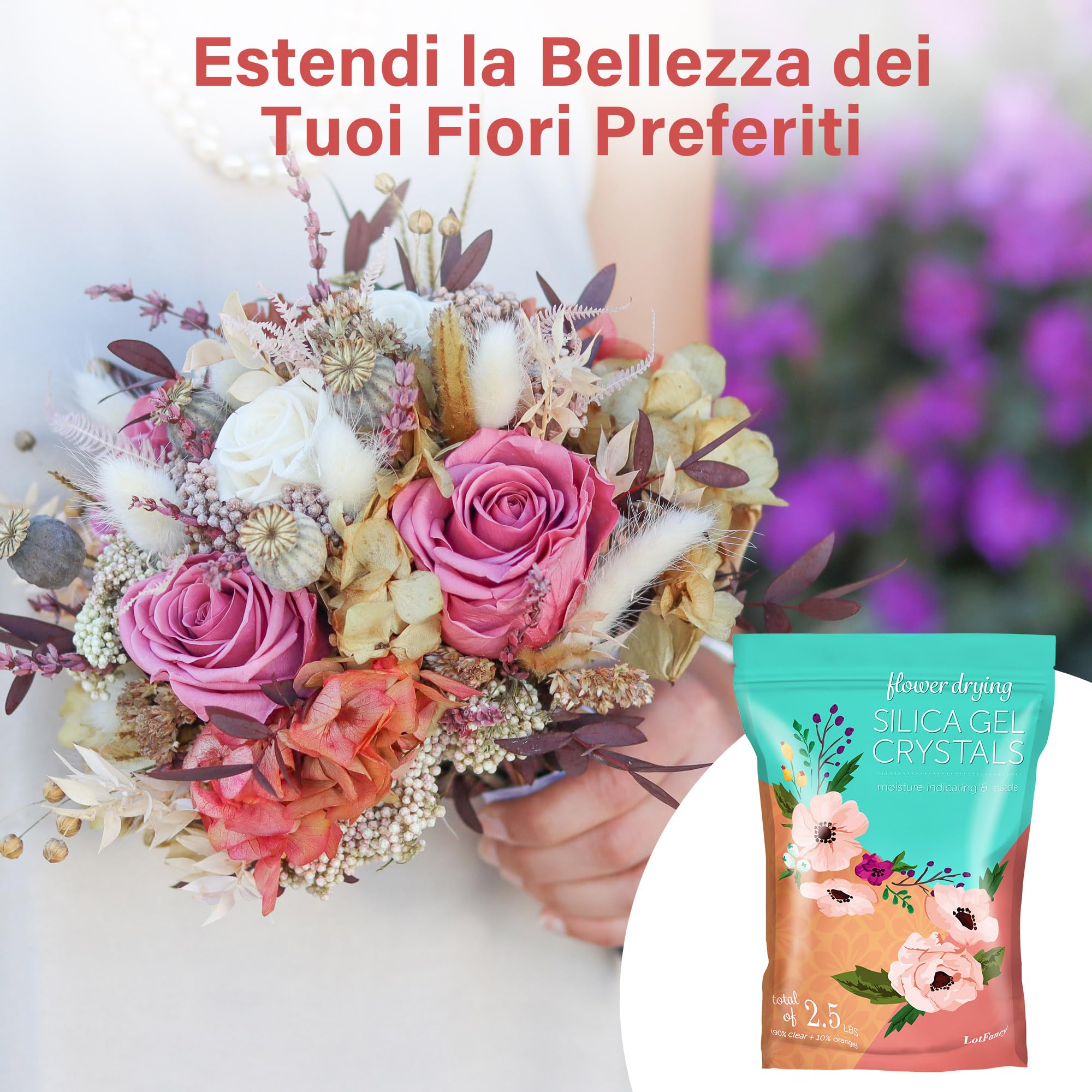 LotFancy Gel di Silice per Essiccazione dei Fiori 2,5 LBS (1,13kg), Cristallo di Silicio per Essiccare Fiori Riutilizzabile con Indicatore, Cristalli Fini < 1 mm
