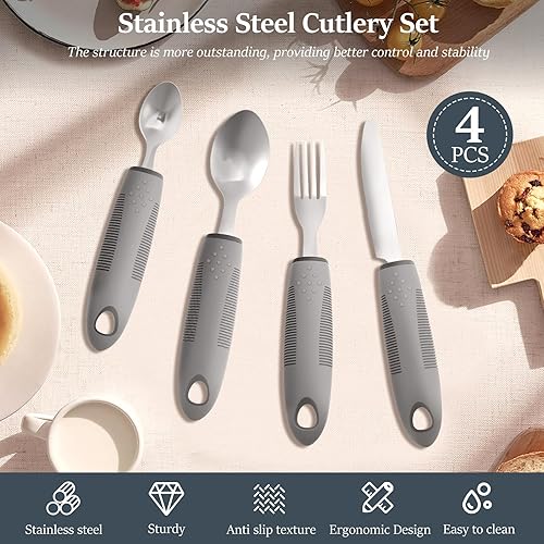 Miniatura 7 de Utensilios adaptativos, utensilios con peso para temblores de manos, estabilidad mejorada, tenedor de acero inoxidable, cuchillo y cuchara,