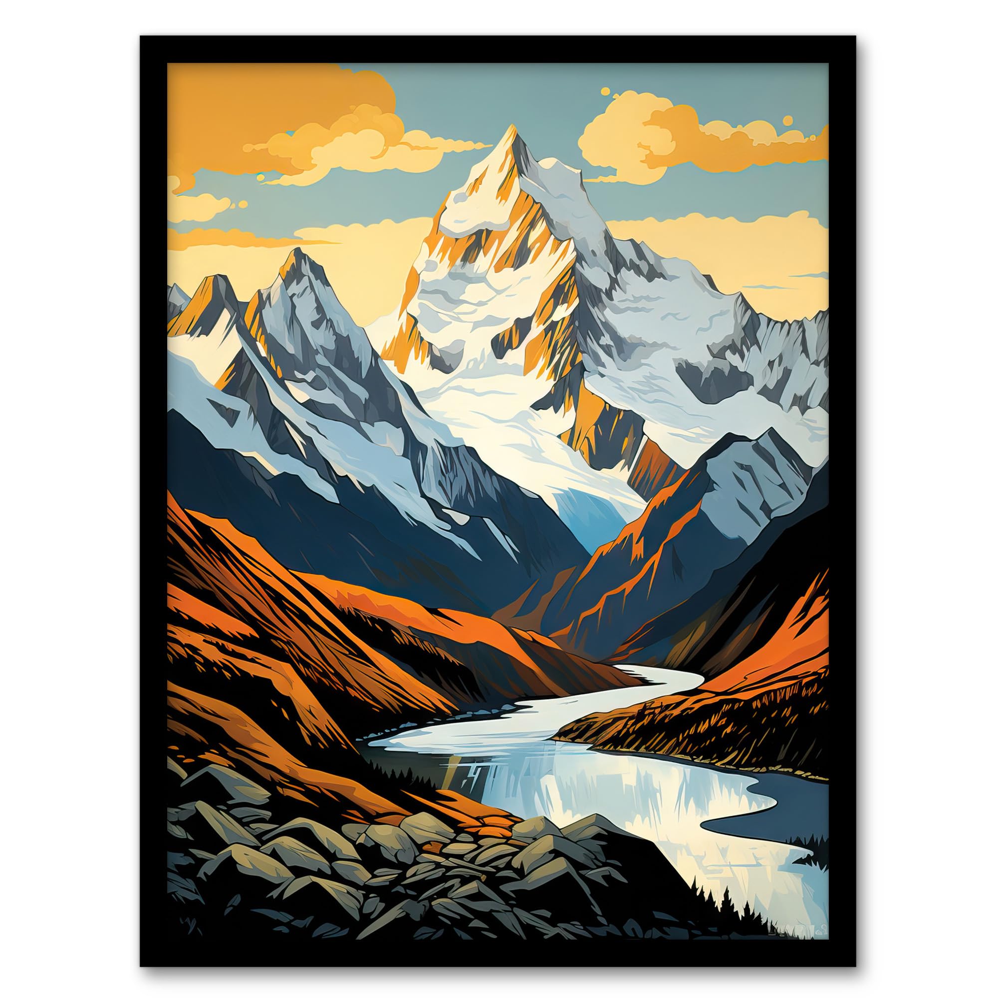 Artery8 Aoraki Mount Cook Artwork National Park New Zealand Snow Peaked Mountain Cloud Piercer Artwork Framed Wall Art Print A4