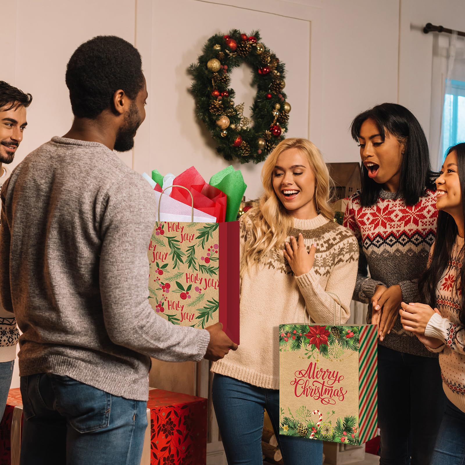48 grandi sacchetti regalo di Natale con 24 sacchetti di carta velina, sacchetti di carta kraft per regali con manici, 8 stili di sacchetti regalo di Natale per avvolgere regali di Natale, bomboniere,