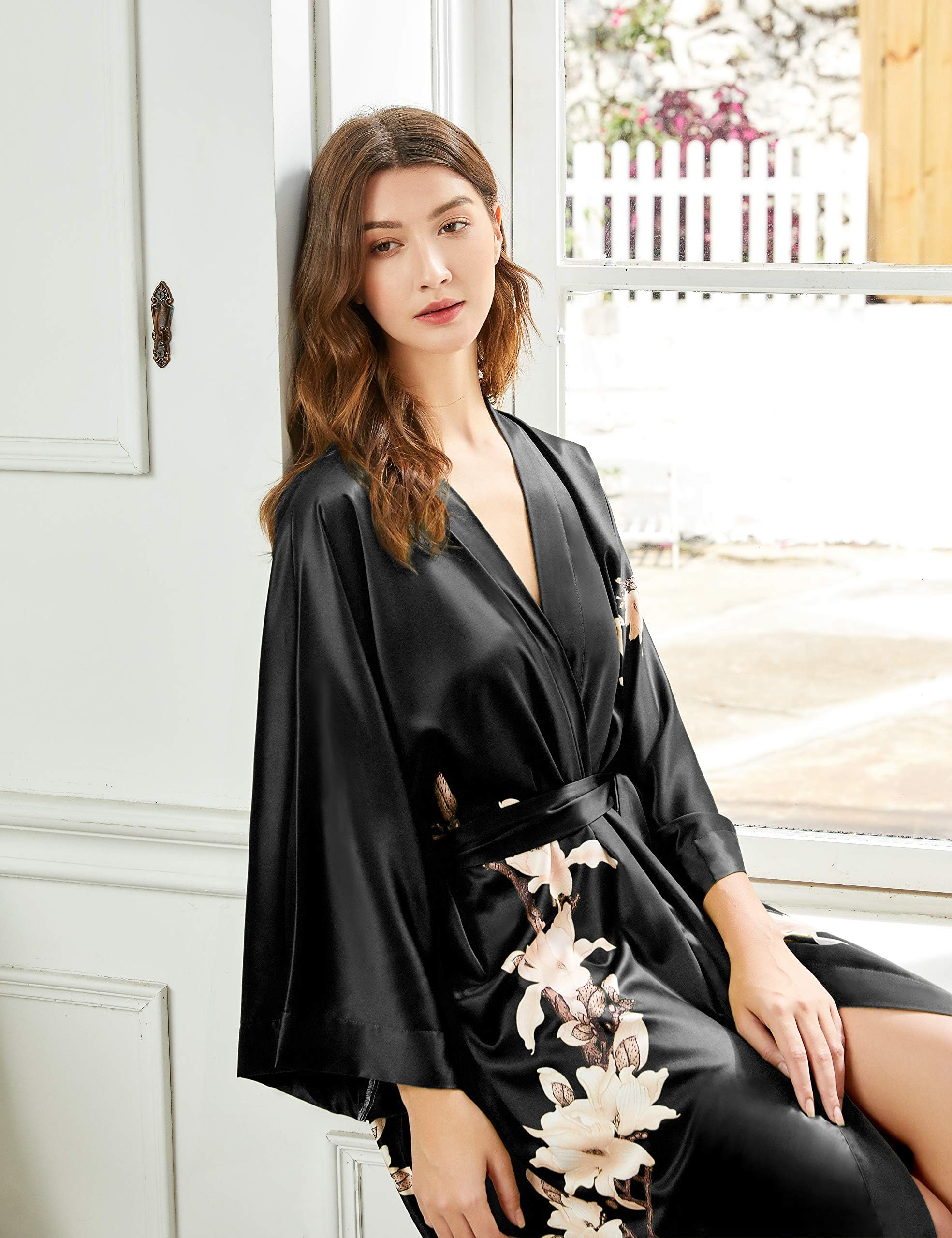 Babeyond damski szlafrok poranny, kimono, kwiaty, gałązka, z nadrukiem, bardzo długi, damski płaszcz kąpielowy, kwiaty gruszki, kurtka plażowa, dla panny młodej, na wieczór panieński, imprezę, czarny, Rozmiar Uniwersalny