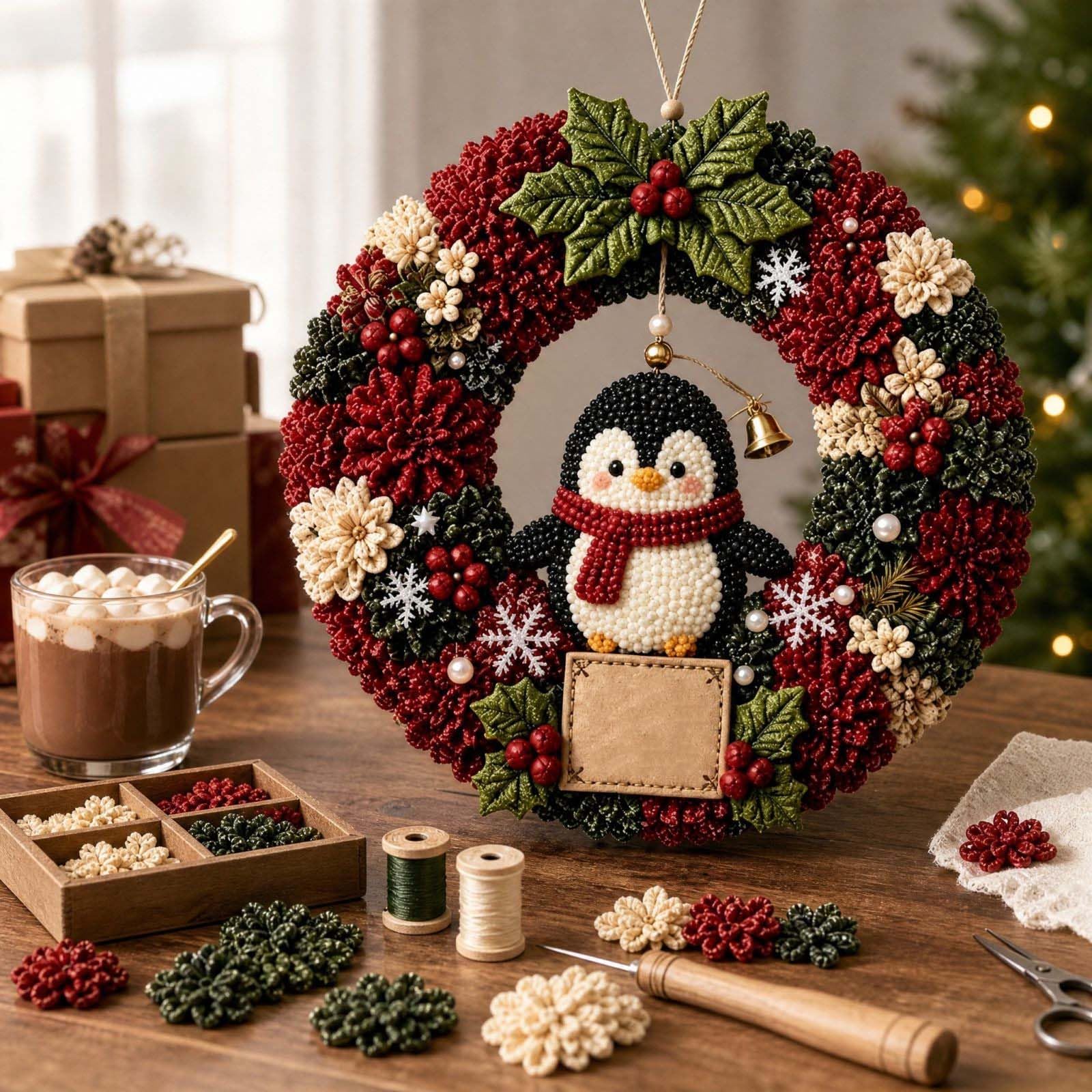 3D Fabric Poke Wreath DIY Kit, Christmas Santa Door Decor Craft (Penguin)