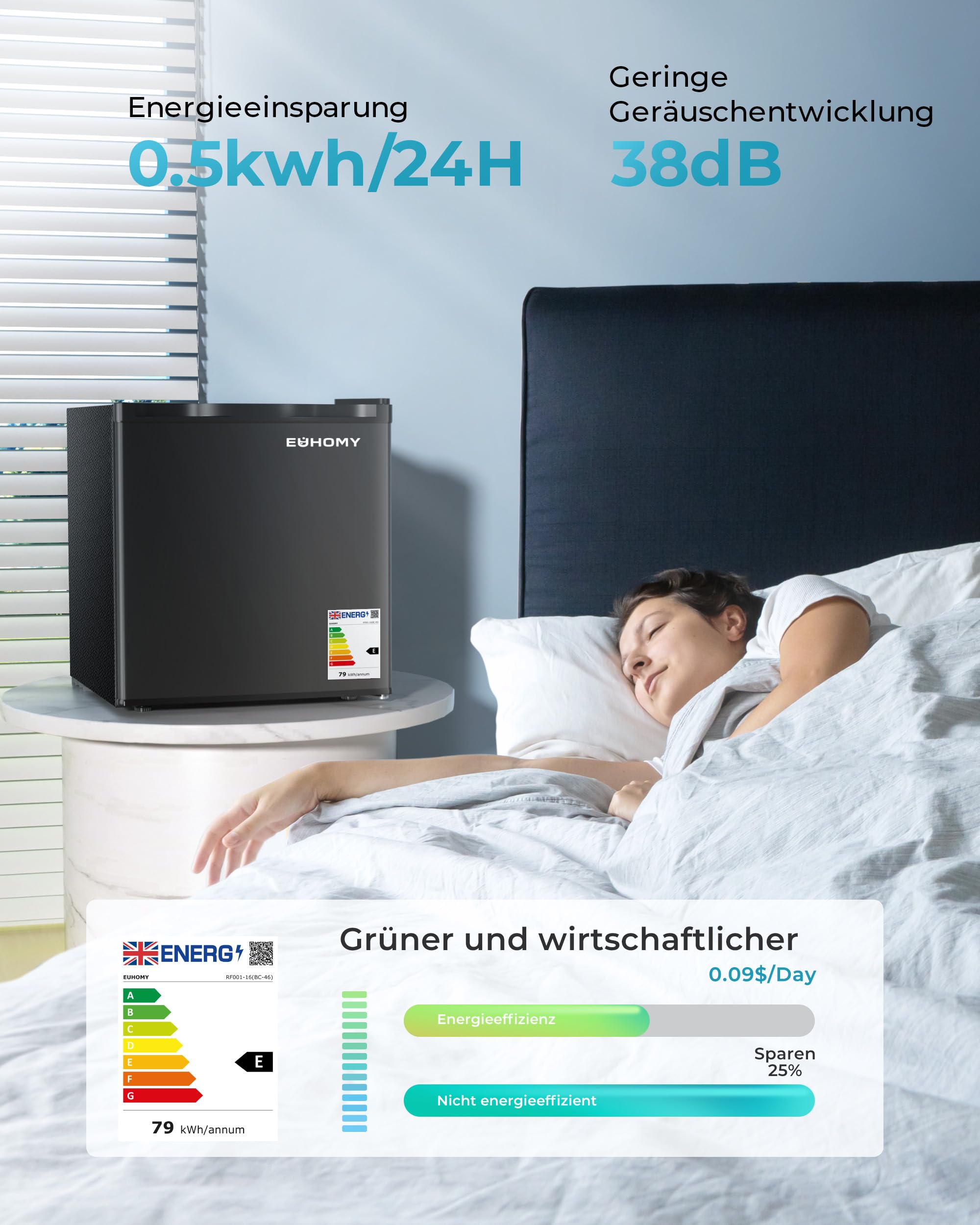 EUHOMY Mini Kühlschrank, 46L Kühlschrank klein, kleiner Kühlschrank mit umkehrbarer Tür, 7-Stufen Thermostat, 38dB Ultra-Leise, Energieeffizienter Kompaktkühlschrank für Schlafzimmer, Büro