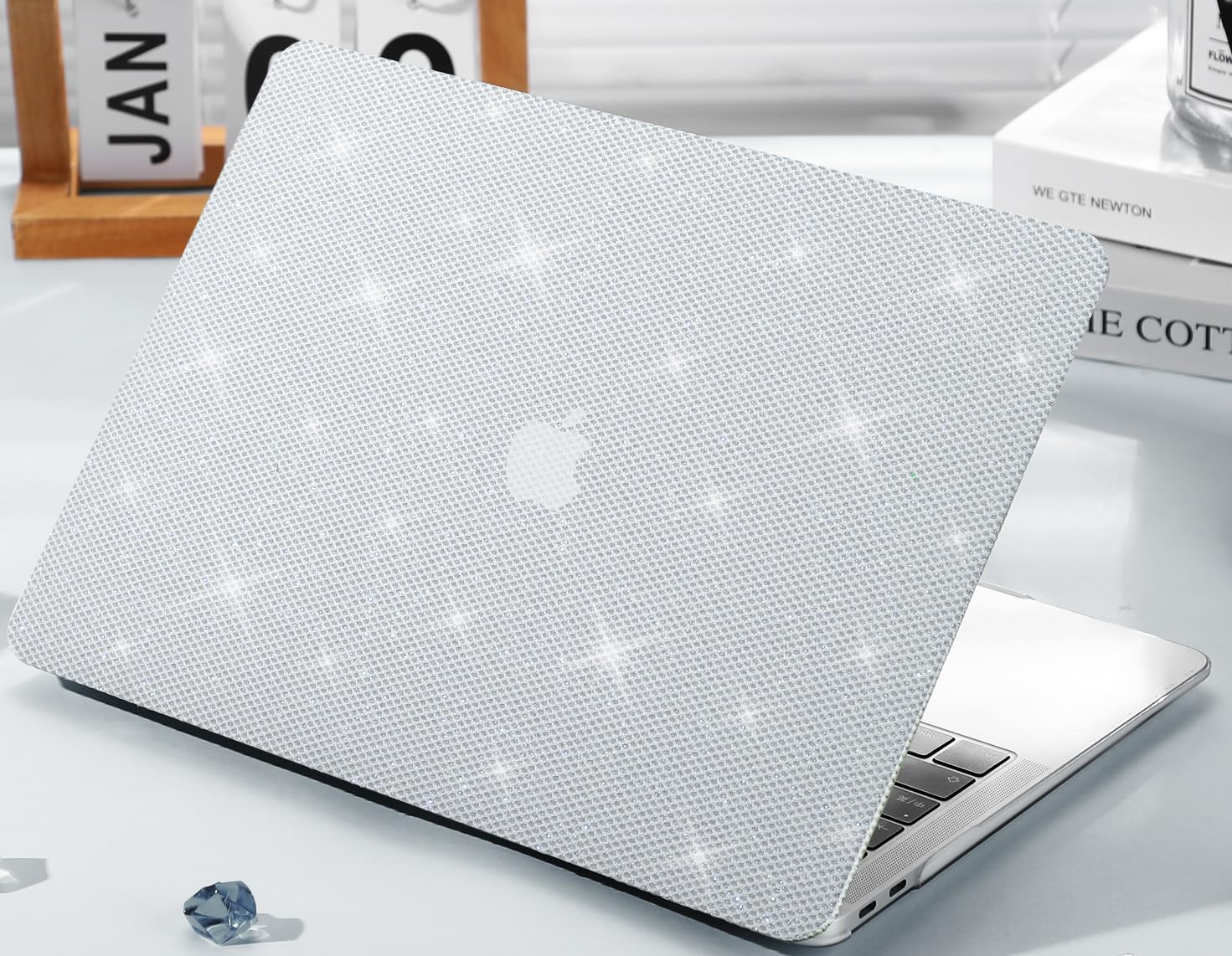 KEROM Bling Glitter Case for MacBook Pro 13 inch 2024-2016 M2 M1 A2338 A2289 A2251 A2159 A1989 A1706 A1708, Luxury Bedazzled Shiny Sparkle Glitter PU Leather Hard Shell Case & Keyboard Cover, White