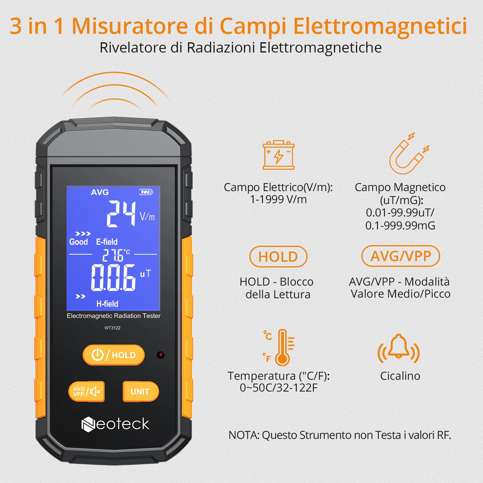 Neoteck Misuratore EMF 3-in-1 Rilevatore di Radiazioni Elettromagnetiche Ricaricabile con Schermo LCD Contatore di Radiazioni Allarme Acustico Campo Elettrico per Cucina Ufficio Fabbrica