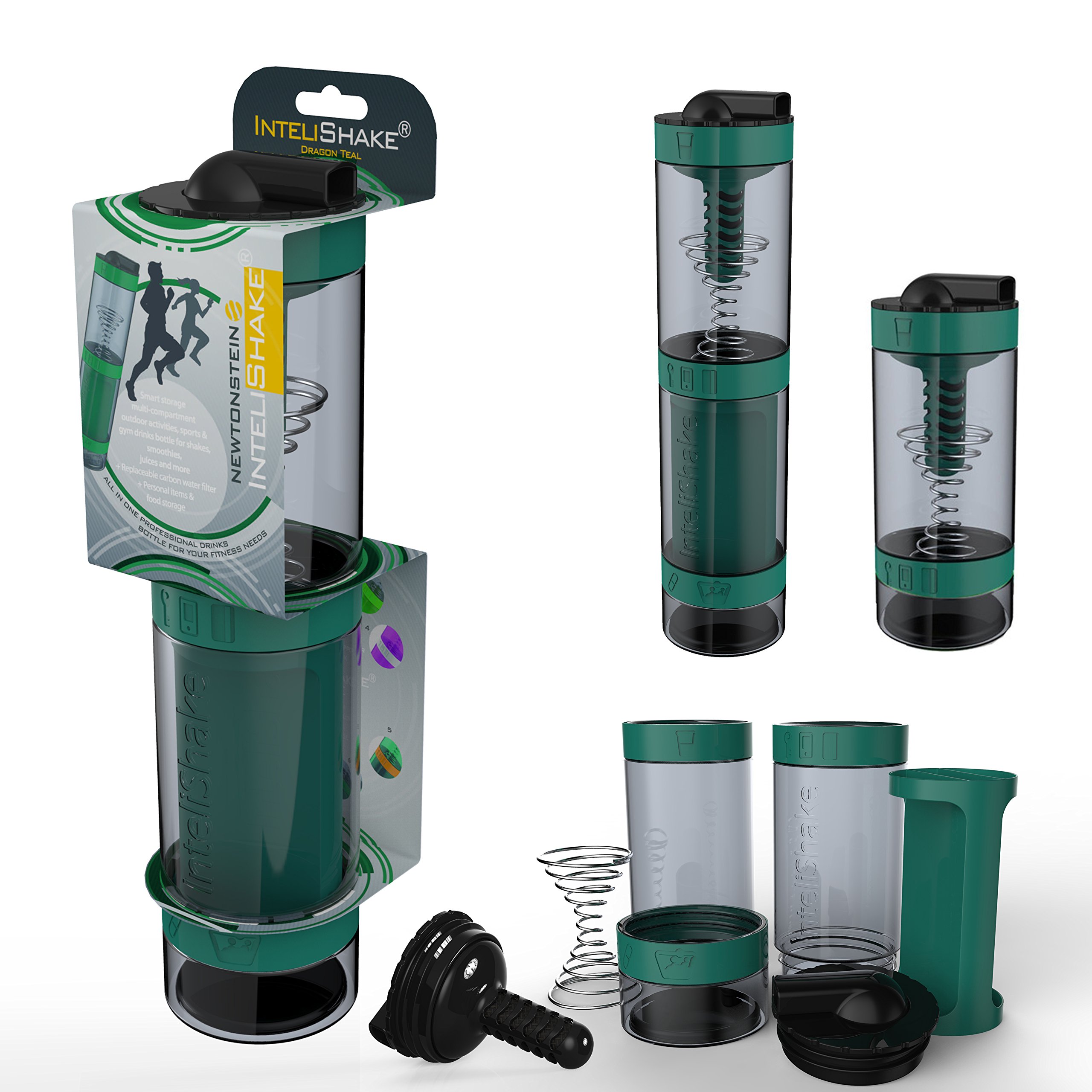 Intelishake - Smart Multi-Compartment Protein/Workout/Juice Shaker bottle (2 x 500ml) with water carbon filter for Sports, Exercise & Gym - Dragon Teal