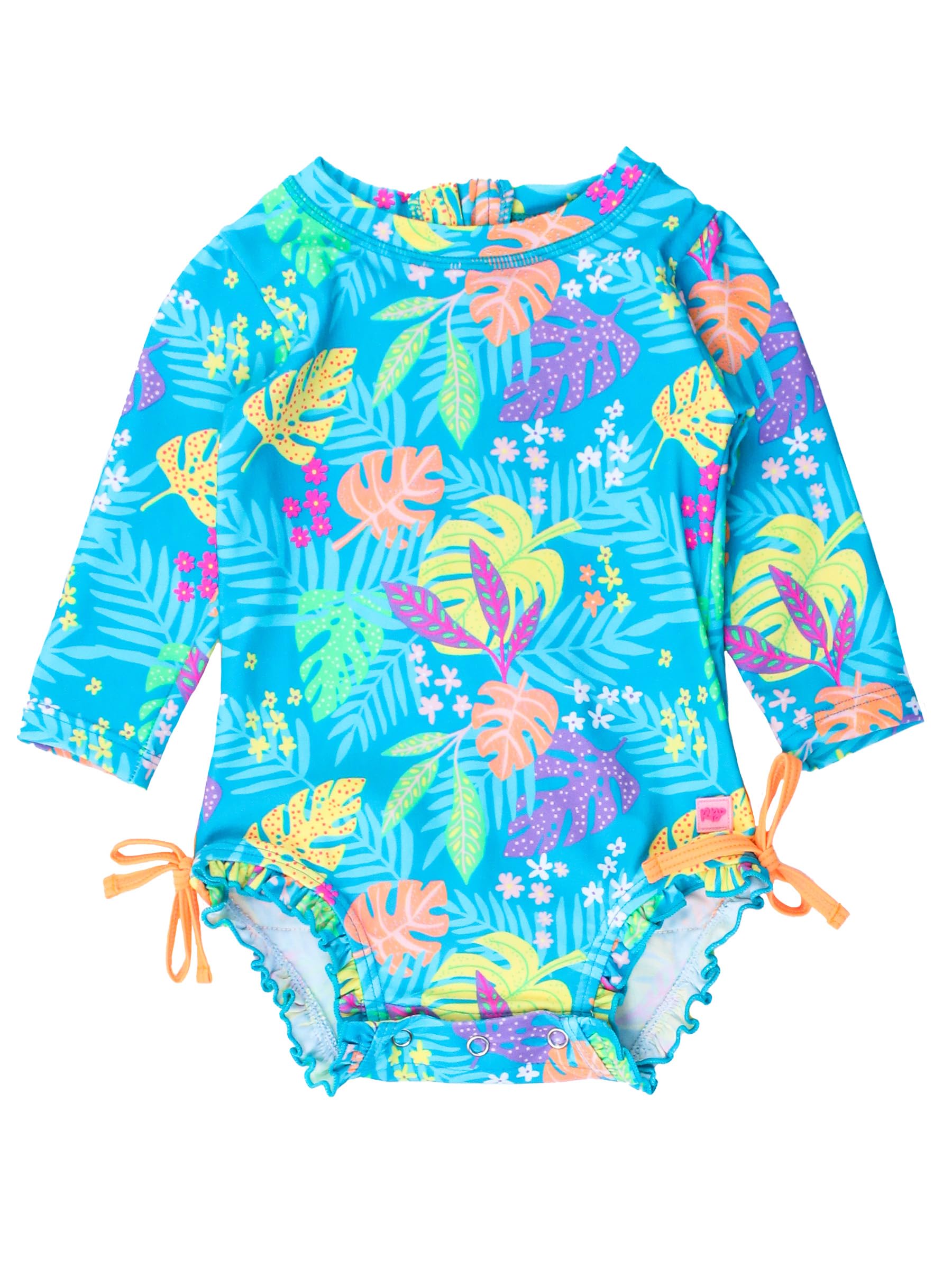 RuffleButts Costume da bagno intero a maniche lunghe con protezione solare UPF 50, a pois, con cerniera, a pois color acqua brillante, 3-6 m