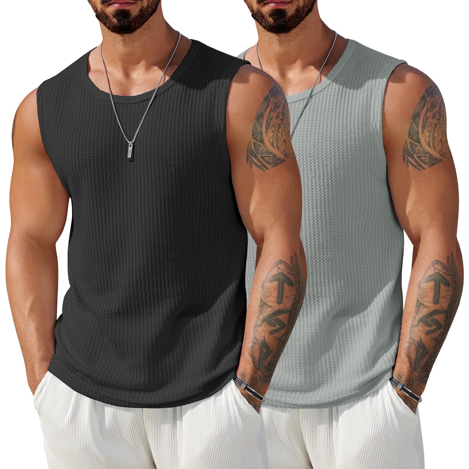 COOFANDY Mens Casual Tank Tops 2 Pack Waffle Knit Sleeveless Shirt Breathable Tank Shirts Summer Muscle Tee
