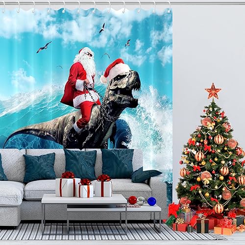 Miniatura 5 de 4 juegos de baño divertidos de dinosaurio de Navidad con alfombras antideslizantes, cortina de ducha de dinosaurio de Papá Noel, cubierta de tapa de