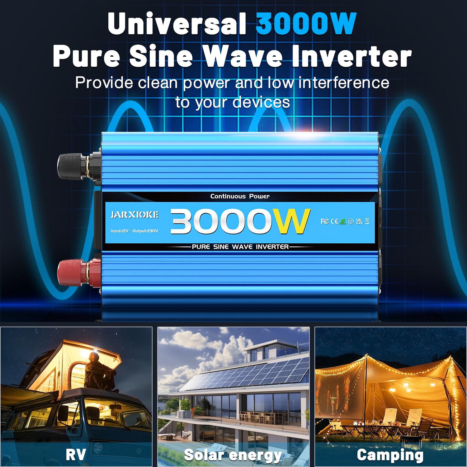 Wechselrichter 12V auf 230V 3000W/6000W Reiner Sinus Spannungswandler mit Fernbedienung,LED-Anzeige,EU AC Steckdosen,USB-Anschluss,Pure Sine Wave Inverter für Auto,Wohnwagen,Boot,Camping,Stromausfall