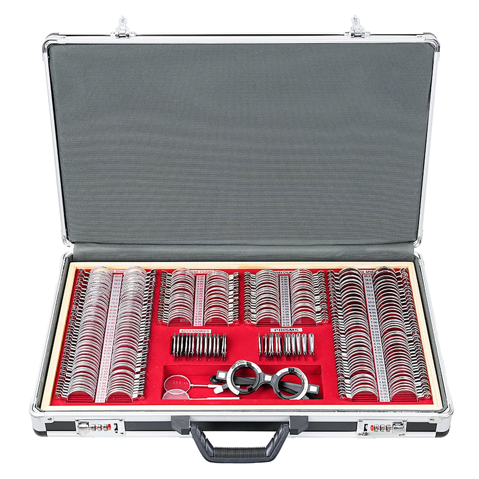 AISITESY Trial Lens Set Optical Trial Lenses 268 Piece Trial Lens Set Metal Edge Aluminum Case Adjustable Eye Test Trial Frame Grade A