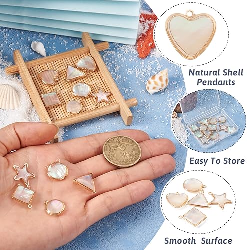 Miniatura 5 de Cheriswelry 12 colgantes de concha natural, estrella, corazón, rombo, plano, redondo, chapado en oro, con hallazgos de latón, 0.551-0.728 in, 6