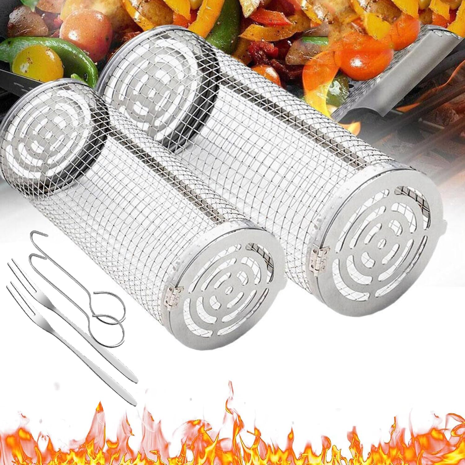 M MITLINK 2 Pack Rolling Grilling Basket, BBQ Net Tube, Greatest Grilling Basket Ever, Round Stainless Steel BBQ Grill Mesh, Camping Barbecue Rack for Vegetables, French Fries, Fish