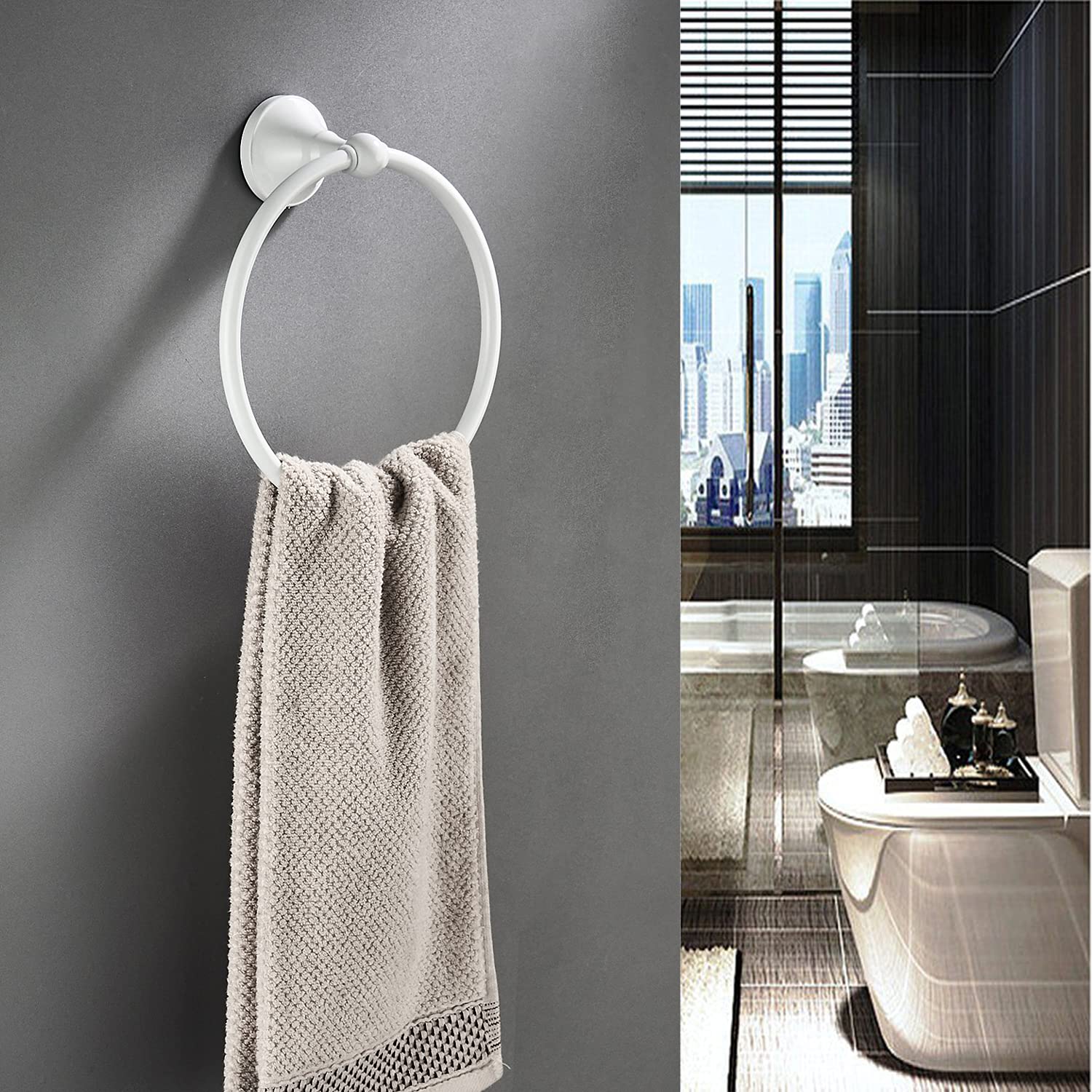 Soporte de Toalla Redondo, Anillo de Toalla Blanco, Toallero de Latón, Perforación Montada en la Pared Baño Cocina Ducha Habitación Elegante y Moderno