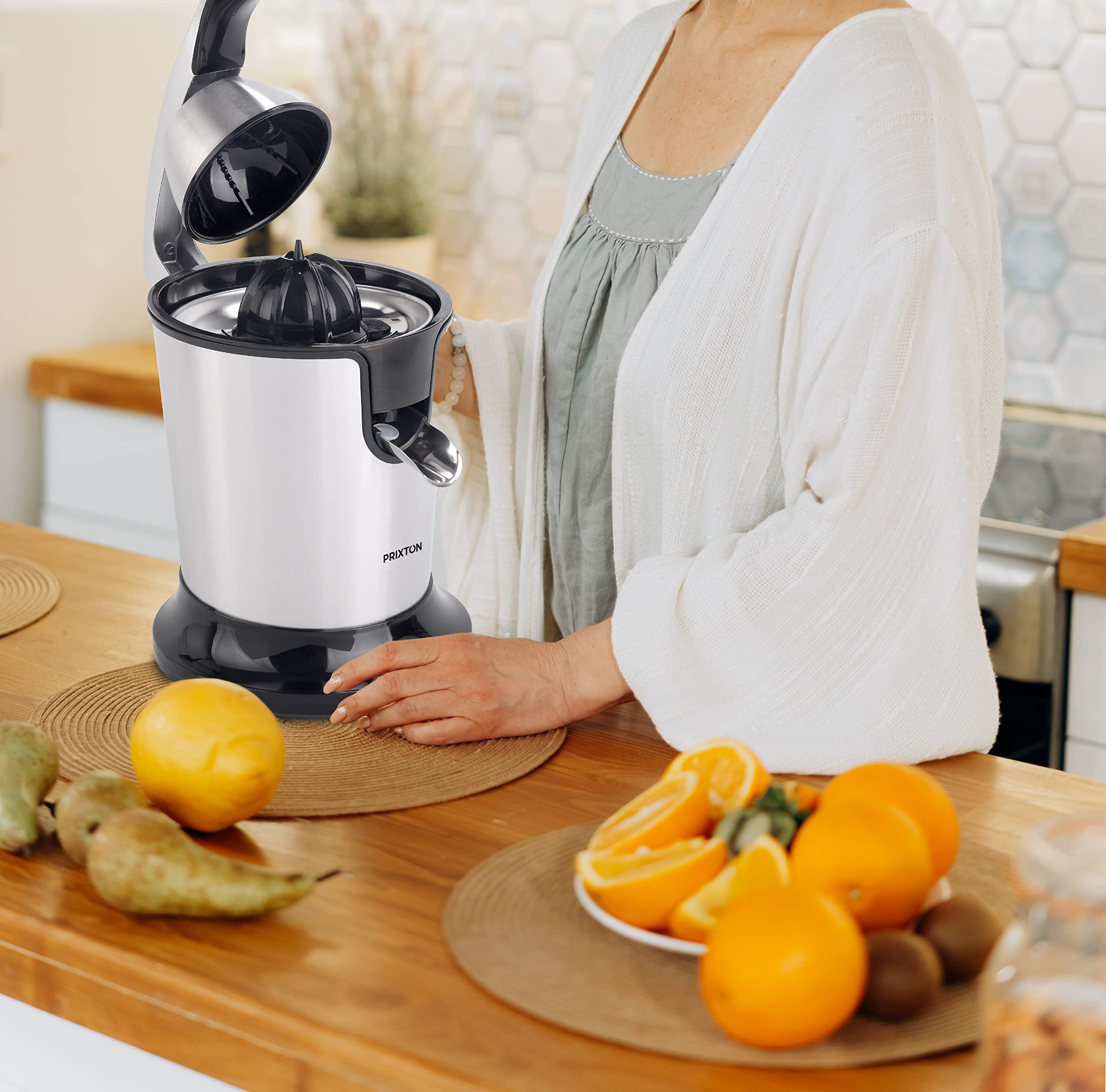 PRIXTON Exprimidor Eléctrico Juicer BIO Potencia 300W Capacidad 270 ml, 2 Conos incluidos, Cuerpo y accesorios en Acero Inoxidable