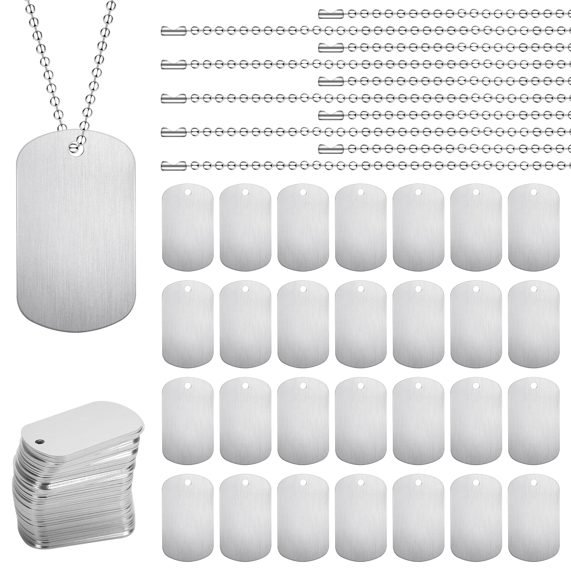 Elesunory 100 Pcs Military Dog Tags Set, 50 Pcs Aluminum Blank Dog Tags, 50 Pcs Iron Necklace Chain, Engraved for Pets, Perfect for DIY Decorative
