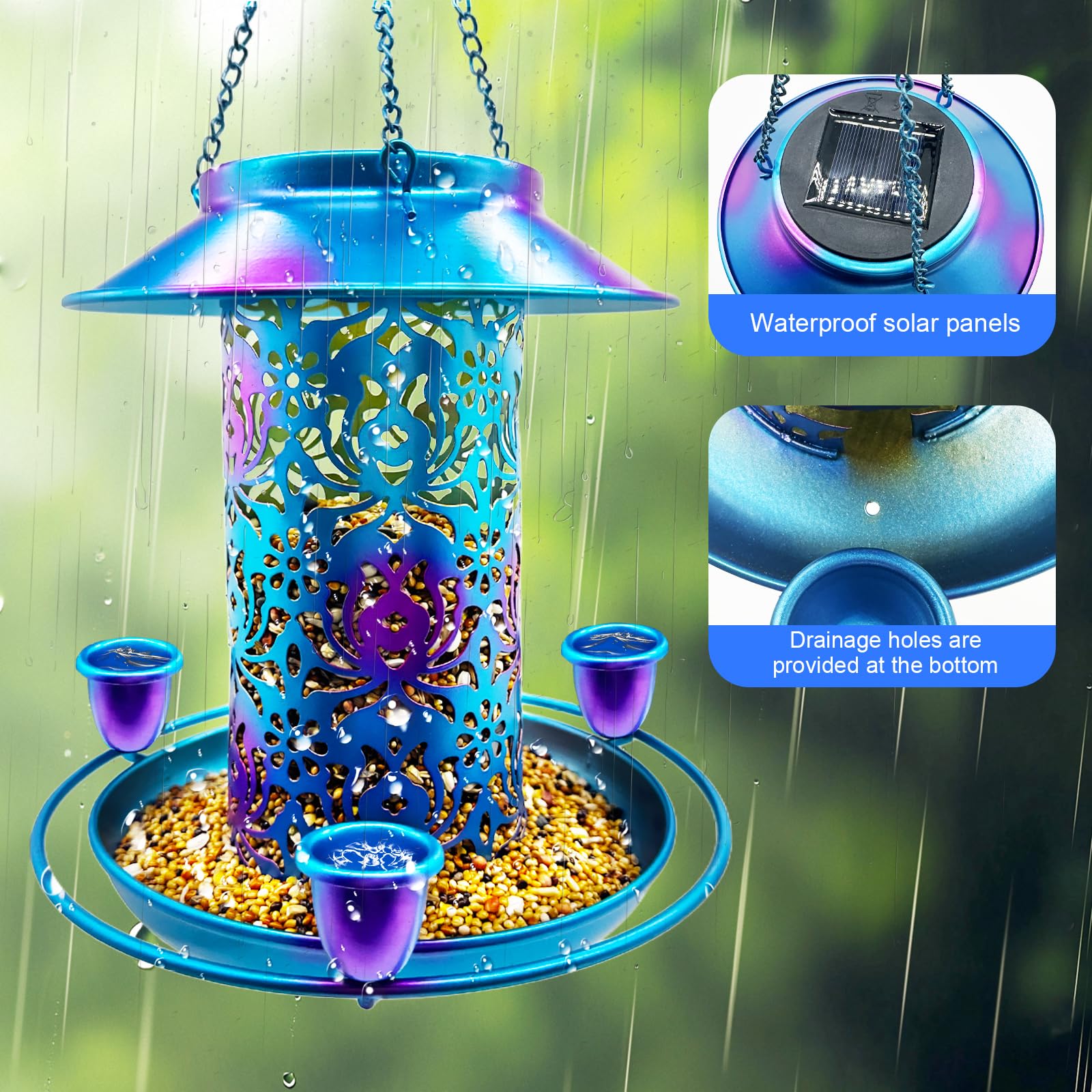 Comedero solar para pájaros para exteriores, 3 tazas de néctar para colibríes, de metal, resistente a la intemperie, linterna de jardín 2 en 1, luz automática por la noche, perfecto para