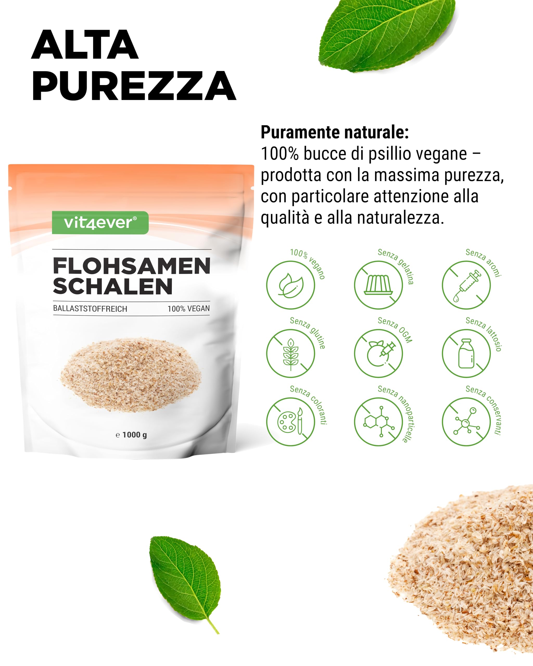 Psyllium husks 1 kg - 1000 g - Residui controllati - Purezza 99% - Origine: India - Low carb - Alta fibra - Senza additivi - Vegan