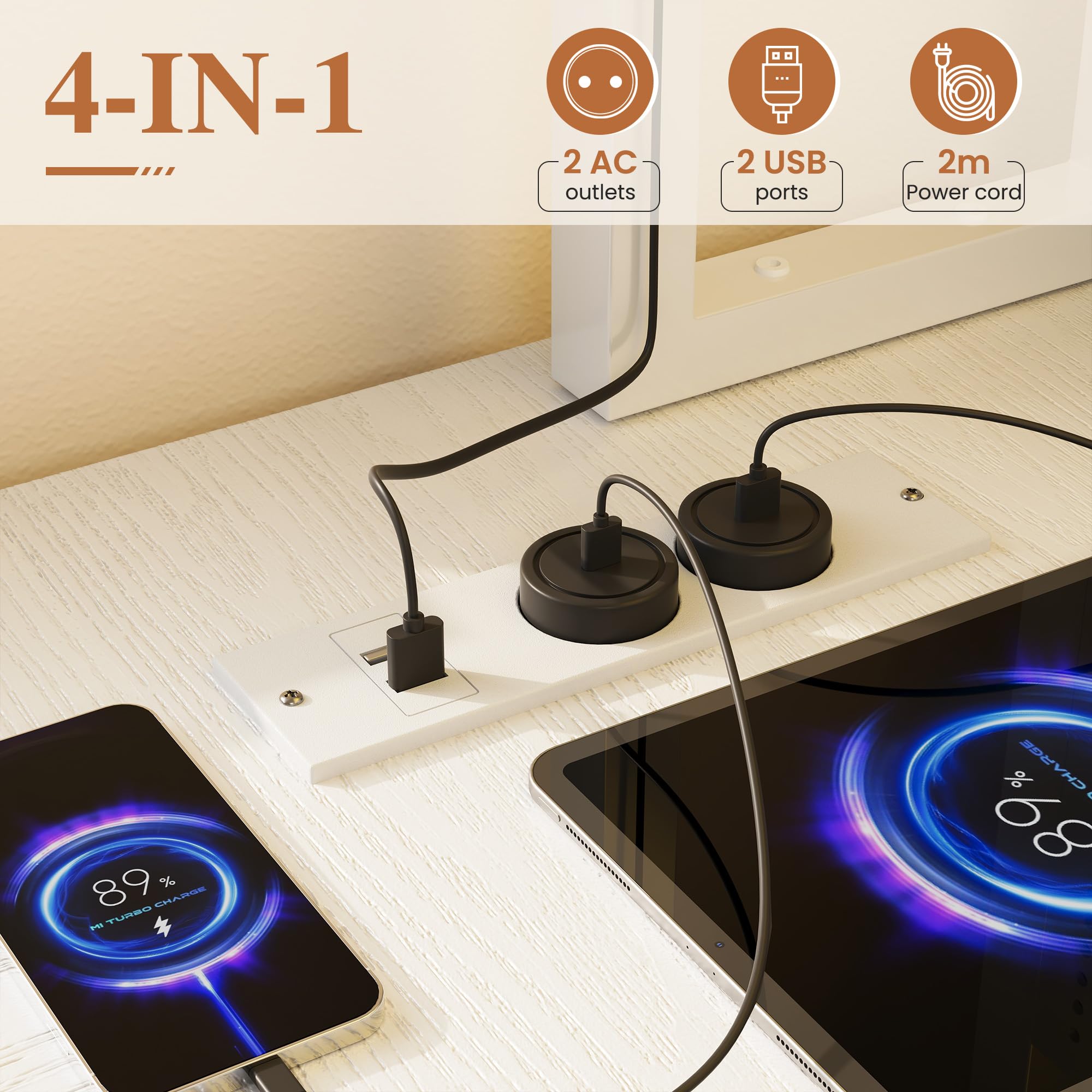 YOUDENOVA Scrivania Angolo a L Reversibile Scrivania Gaming con Pannello Forato e Mensola, Tavolo da Lavoro con LED, Presa e USB, 3 Cassetti per Working e Videogiochi 135x100 cm Bianco