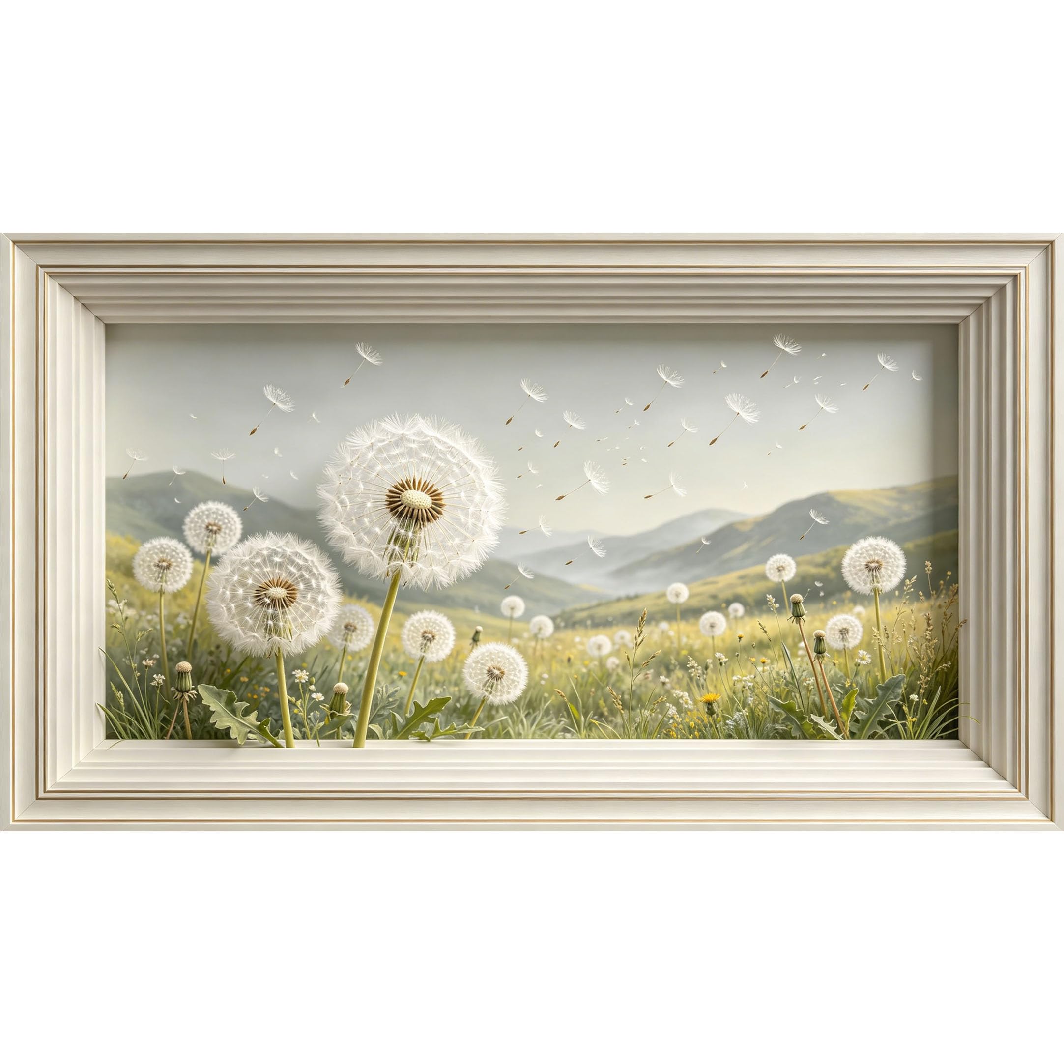 QZLITHOTIC 50×90cm3D Framed Wall Art， Dandelion Field Landscape SelfActivated Mural， WaterActivated Peel & Stick Fabric Decor Wall Decal for Bedroom Living Room