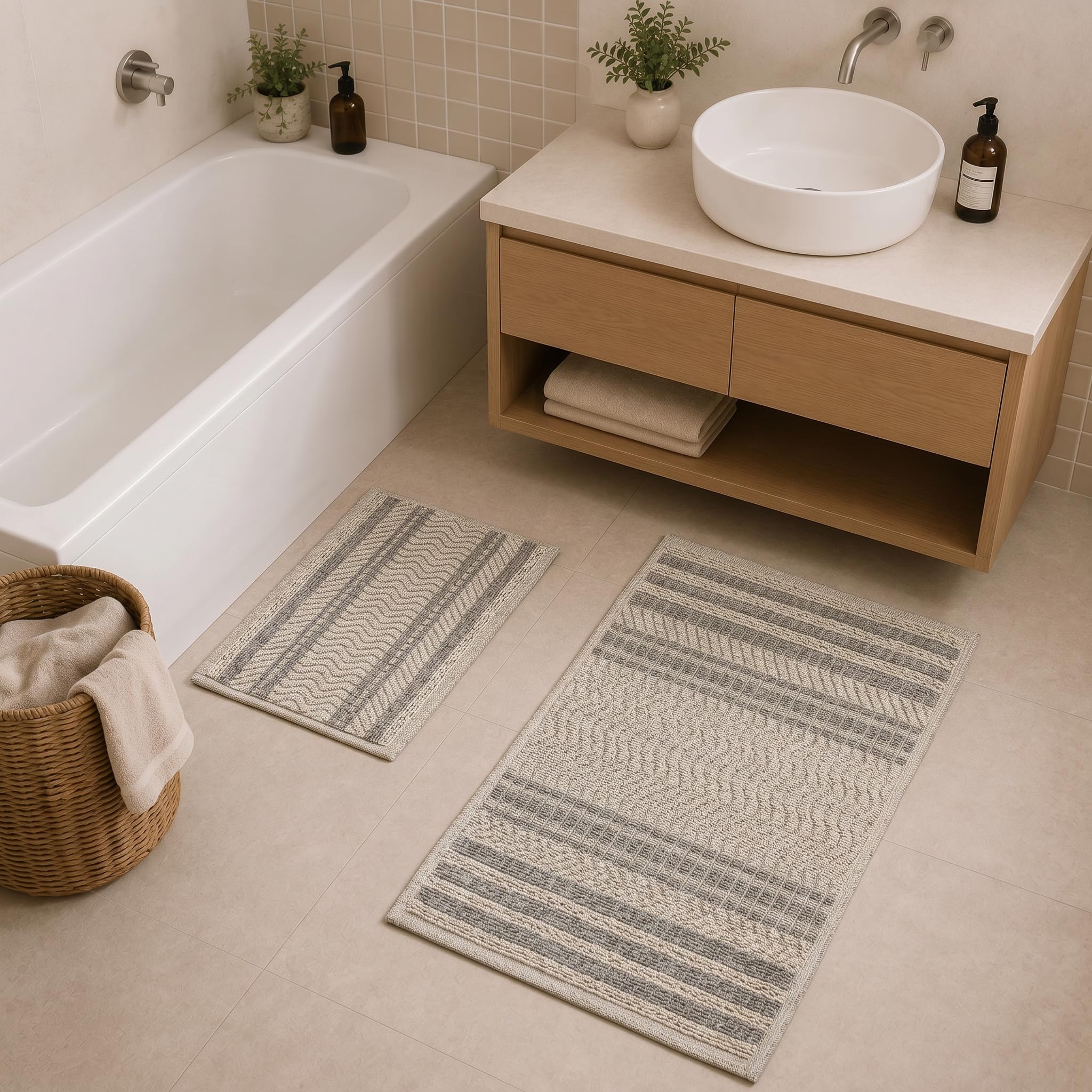 Ruglenza Bathroom Mat Set – 2 Piece Non Slip Cotton Bath Mats for Bathroom & Shower, Textured Loop Bath Rug Set, Quick Dry, Machine Washable, Easy Clean (Ecru/Grey-BK04, 50 x 120 CM)