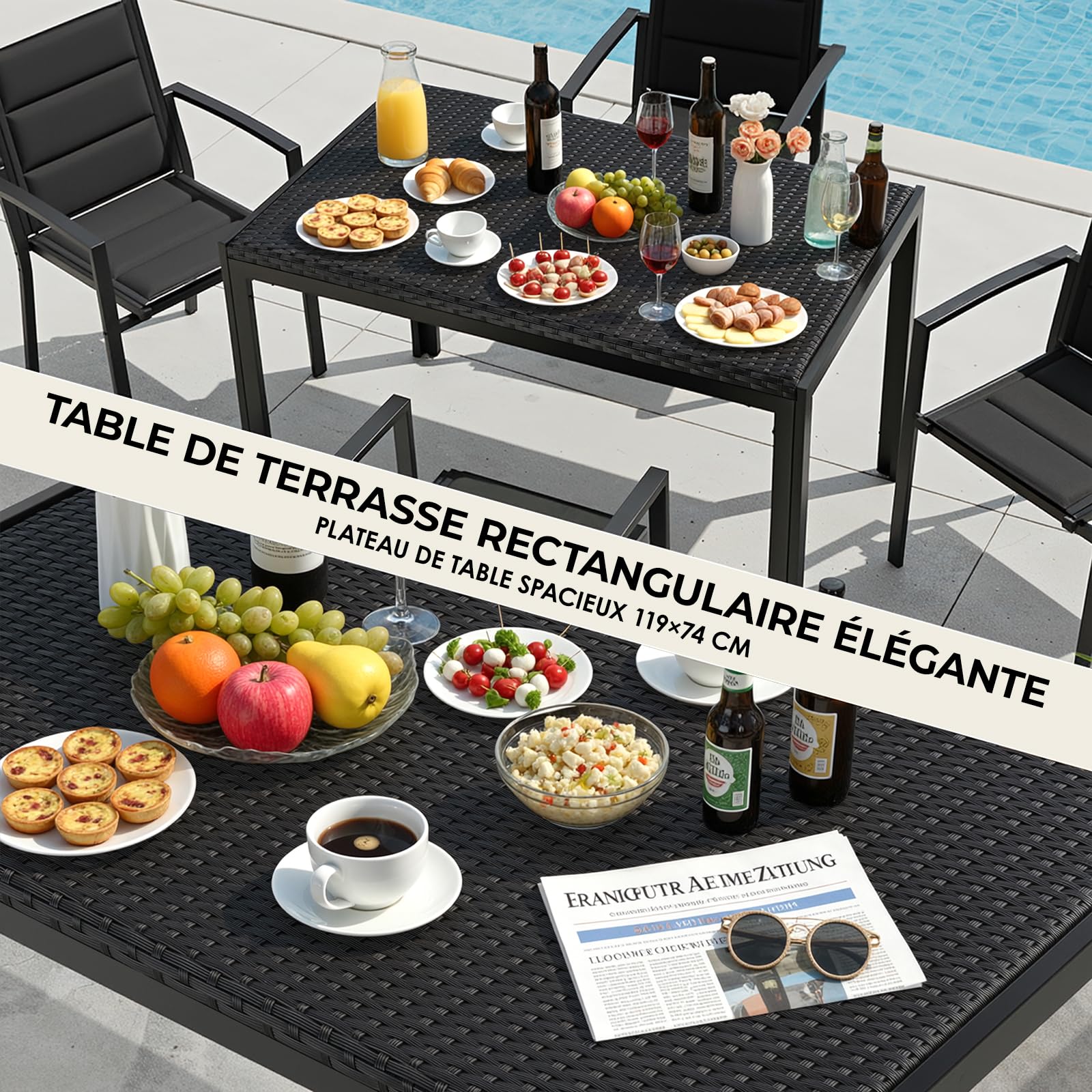 LIFERUN Table de Jardin 6 Personnes Rectangulaire en PE Rattan, 119 x 74 cm | Table en Métal pour Salle et Balcon, Résistante aux Intempéries, Plateau Spacieux, pour Terrasse, Extérieur/Intérieur (Noir)