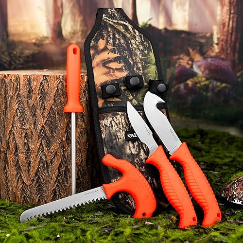 Miniatura 2 de VALHALLA Juego de cuchillos de caza, 4 cuchillos de caza con cuchillo para desollar, cuchillo de capa, sierra de hueso, afilador de cuchillos,