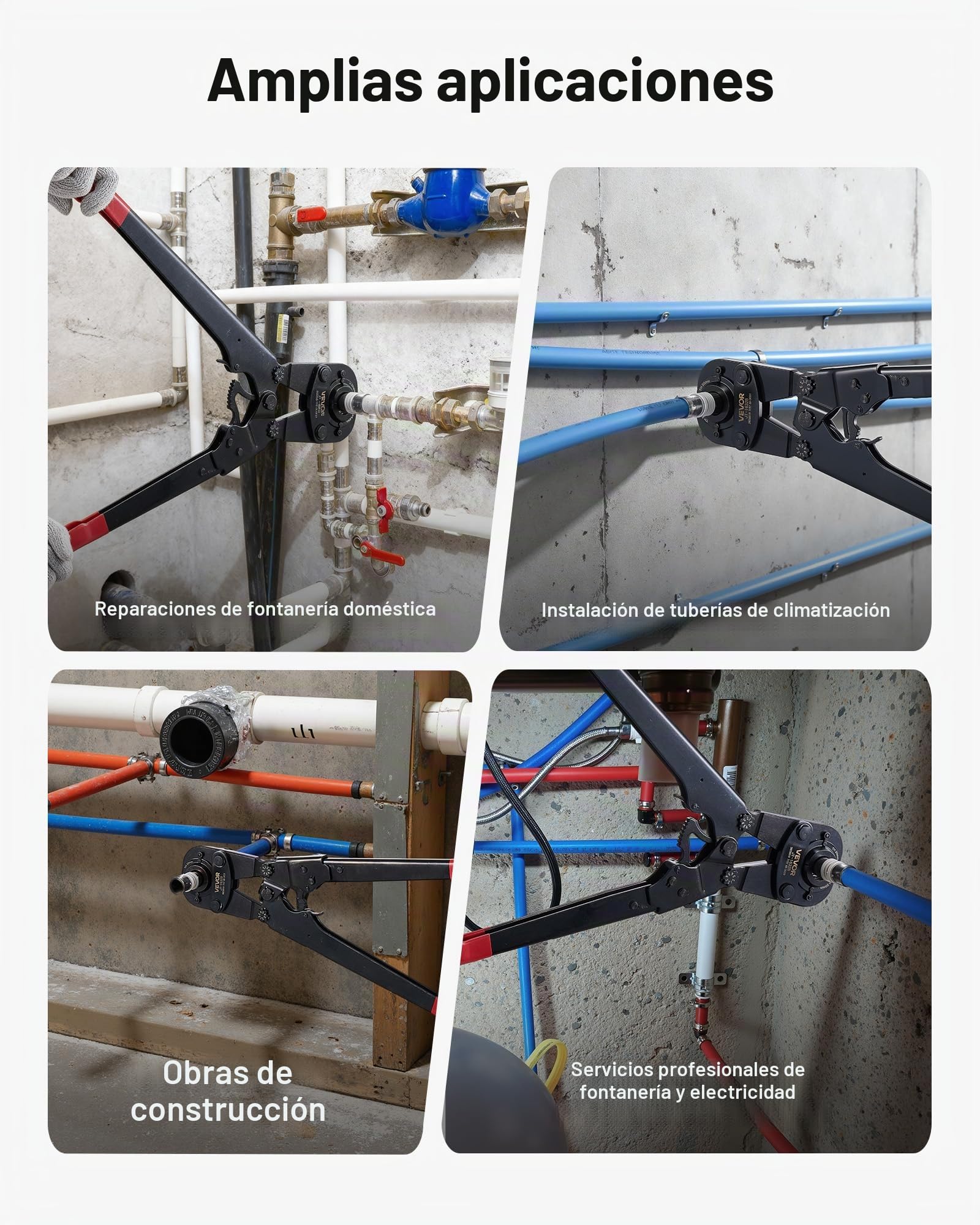 VEVOR Alicates Prensadores de Tuberías, Herramienta de Prensa para Tubos de PEX y Aluminio-plástico, con 5 Mordazas TH12 TH16 TH20 TH26 TH32 y Estuche, para Reparaciones, Instalaciones de Fontanería
