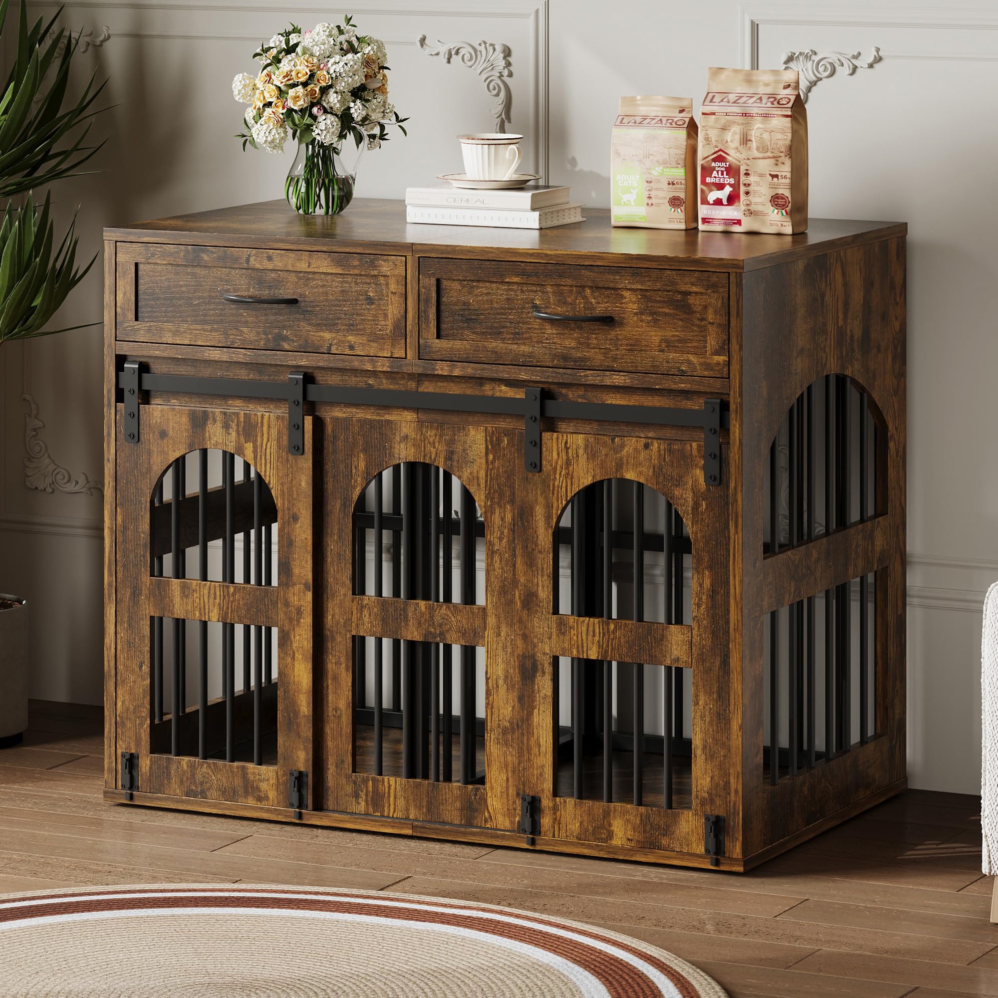 IRONCK Cage pour Chien, Meuble Cage Chien, Coffre en Bois Niche pour Chien Intérieur avec 2 Tiroirs et Cloison, Table d’Appoint 2 Portes pour Chien, 106x68x88cm