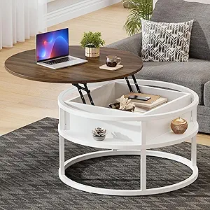DWVO Coffee Tables for Living Room, Round Lift Top Coffee Table with Storage and Hidden Compartment, Rustic Small Circle Coffee Table,Wood Center Table, Brown and White