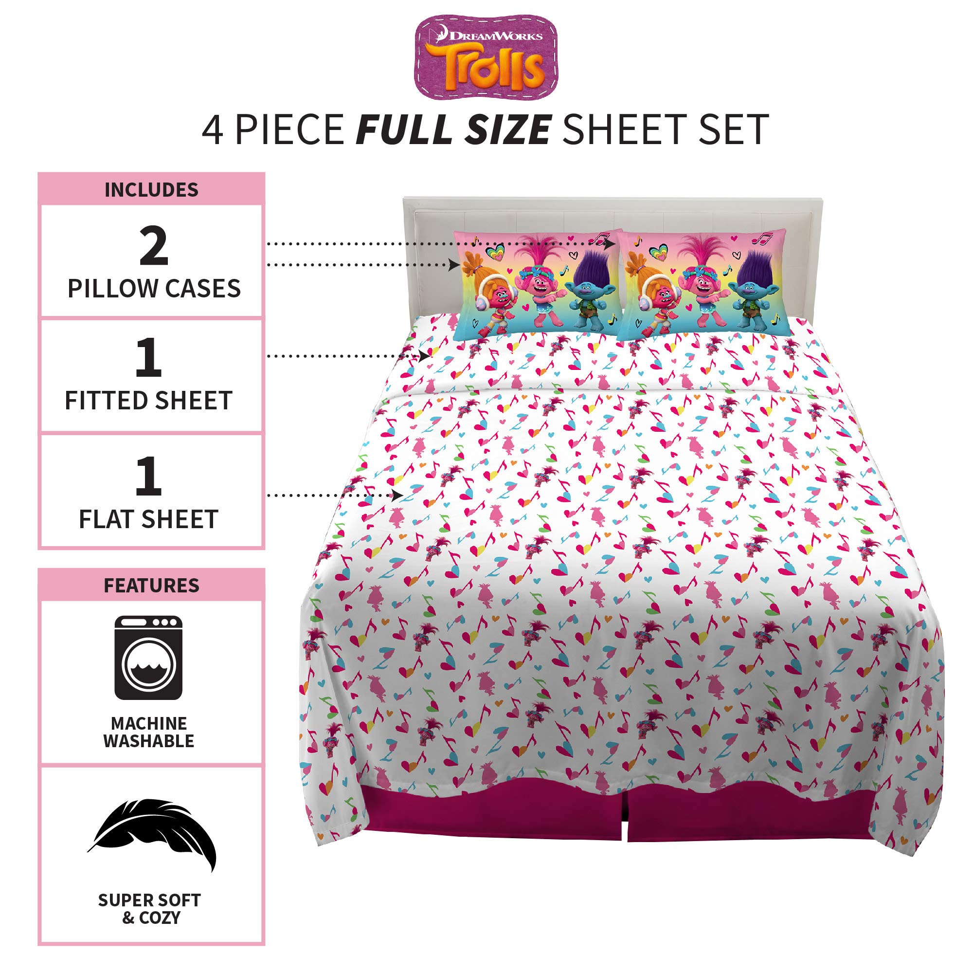 Franco Kids Bedding Super Soft Sheet Set, 4 Piece Full Size, Trolls(Print May Vary)