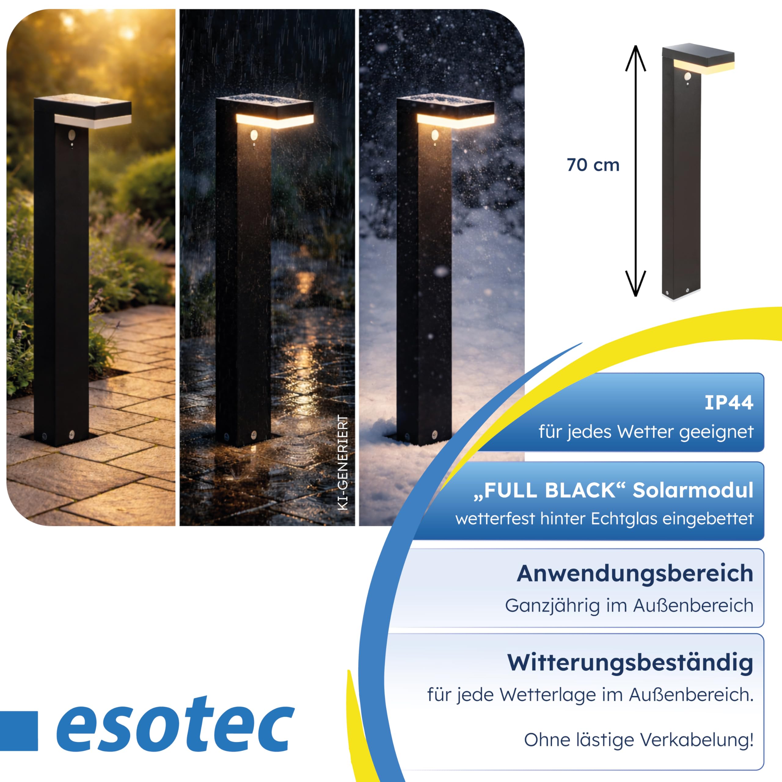 esotec Solar Wegeleuchte mit Bewegungsmelder Nala, H=70cm Außenleuchte, warmweiß 3000K, wechselbarer LiFePO4 Akku 102932
