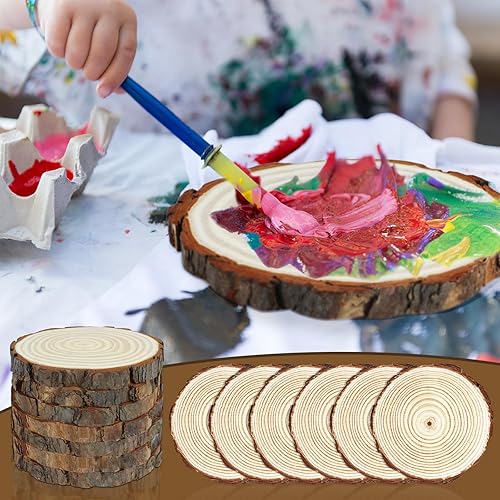 Miniatura 4 de Paquete de 6 rebanadas de madera sin terminar, círculo redondo de madera de 6.3 a 7 pulgadas con corteza de árbol, centros de mesa grandes de madera