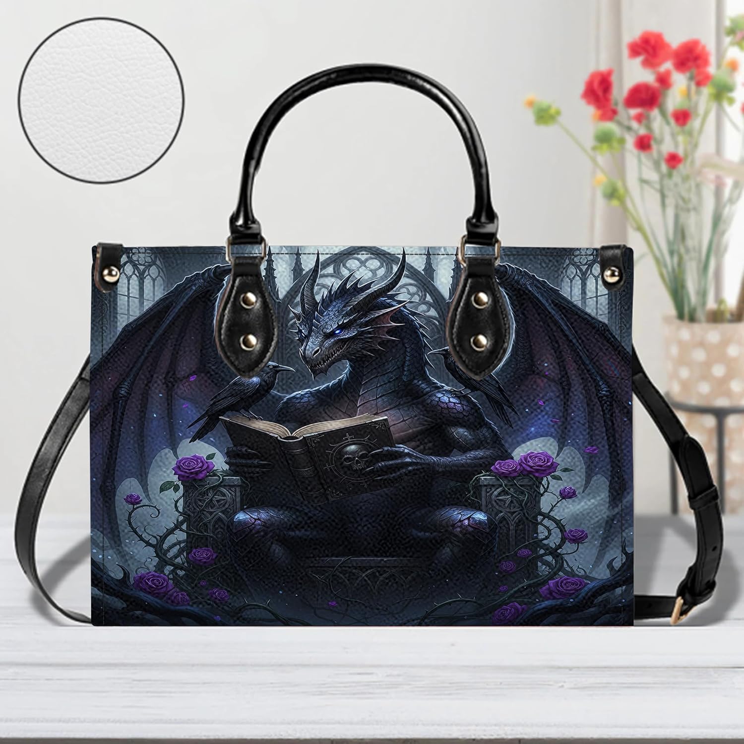 Personalized Dragon Leather Handbag, Fantasy Gothic Purse for Women, Mythical Shoulder Bag Gift for Dragon Lovers | PU Leather, Strap Adjustable