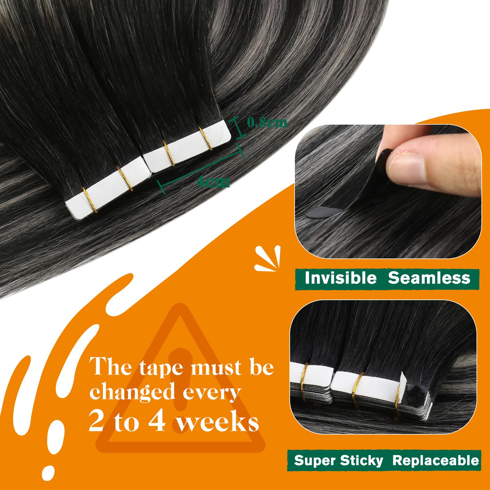 Easyouth Human Hair Tape in Extensions Black Balayage Tape in Human Hair Extensions Ombre Black to Silver Real Tape-in Extension Natural Luster Texture 20 Inch 50g 20Pcs #1B/S/1B - Image 3