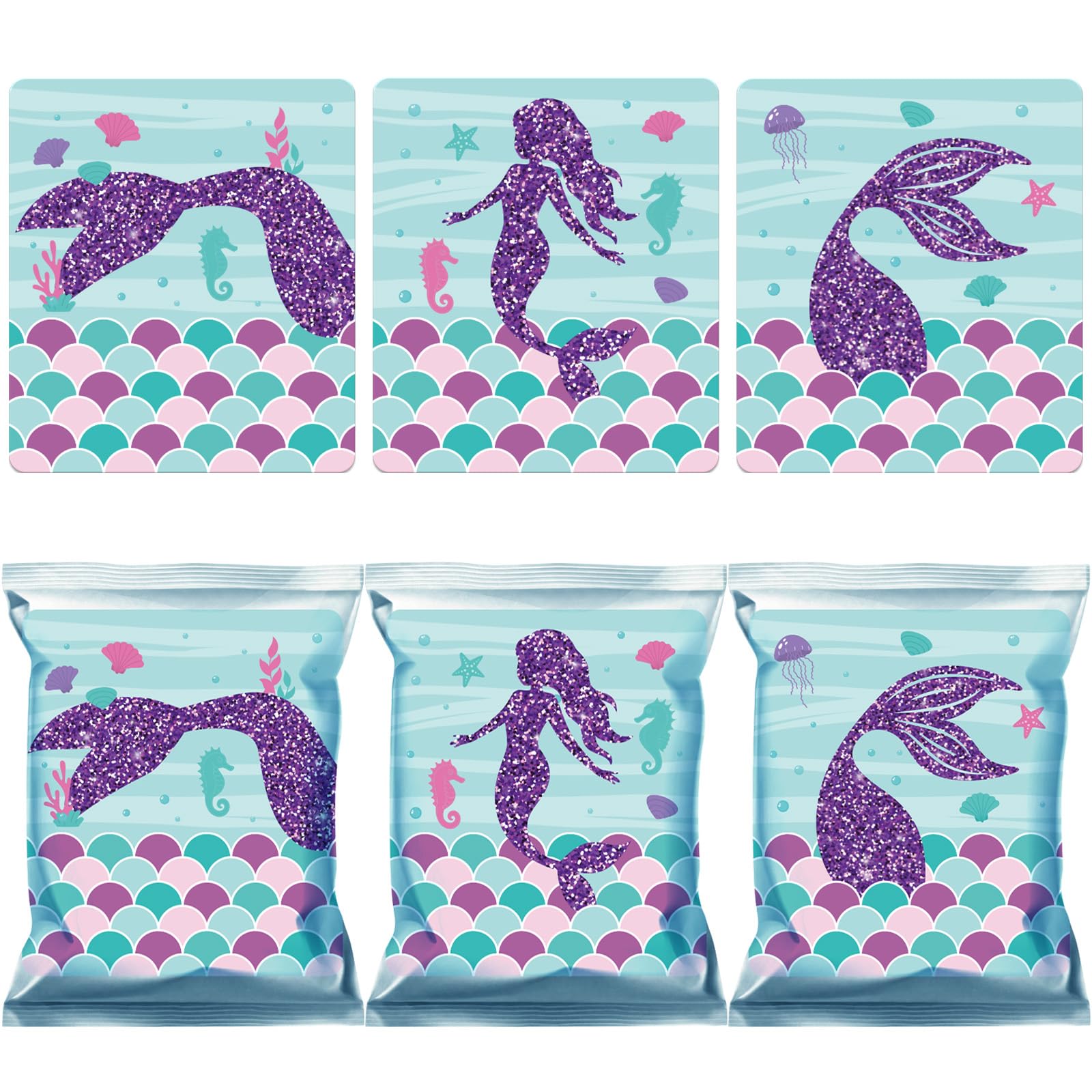Marspark 36 Pcs Large Size Mermaid Birthday Stickers for Chip Bag 3 Style Mermaid Sticker Party Supplies for Ocean Under the Sea Birthday Snack Goodie Bags Gifts and Decorations, 4 x 3.5 Inches