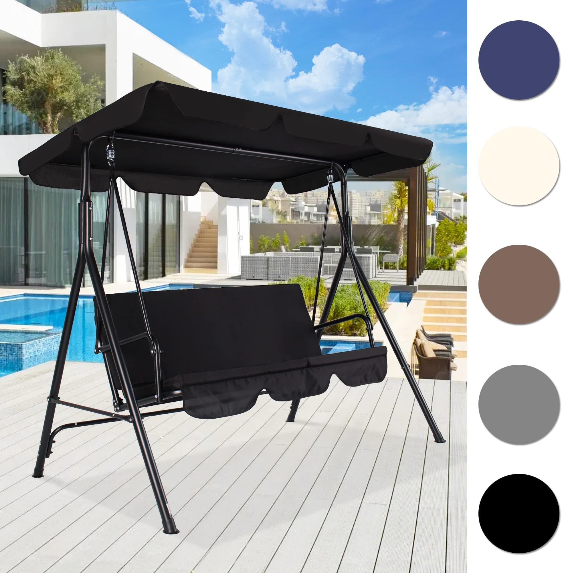 Outdoor Patio Swing Chair with Canopy,3 Seater Porch Swing Chair with Adjustable Canopy and Removable Cushion for Patio Garden Poolside Balcony Backyard, Black