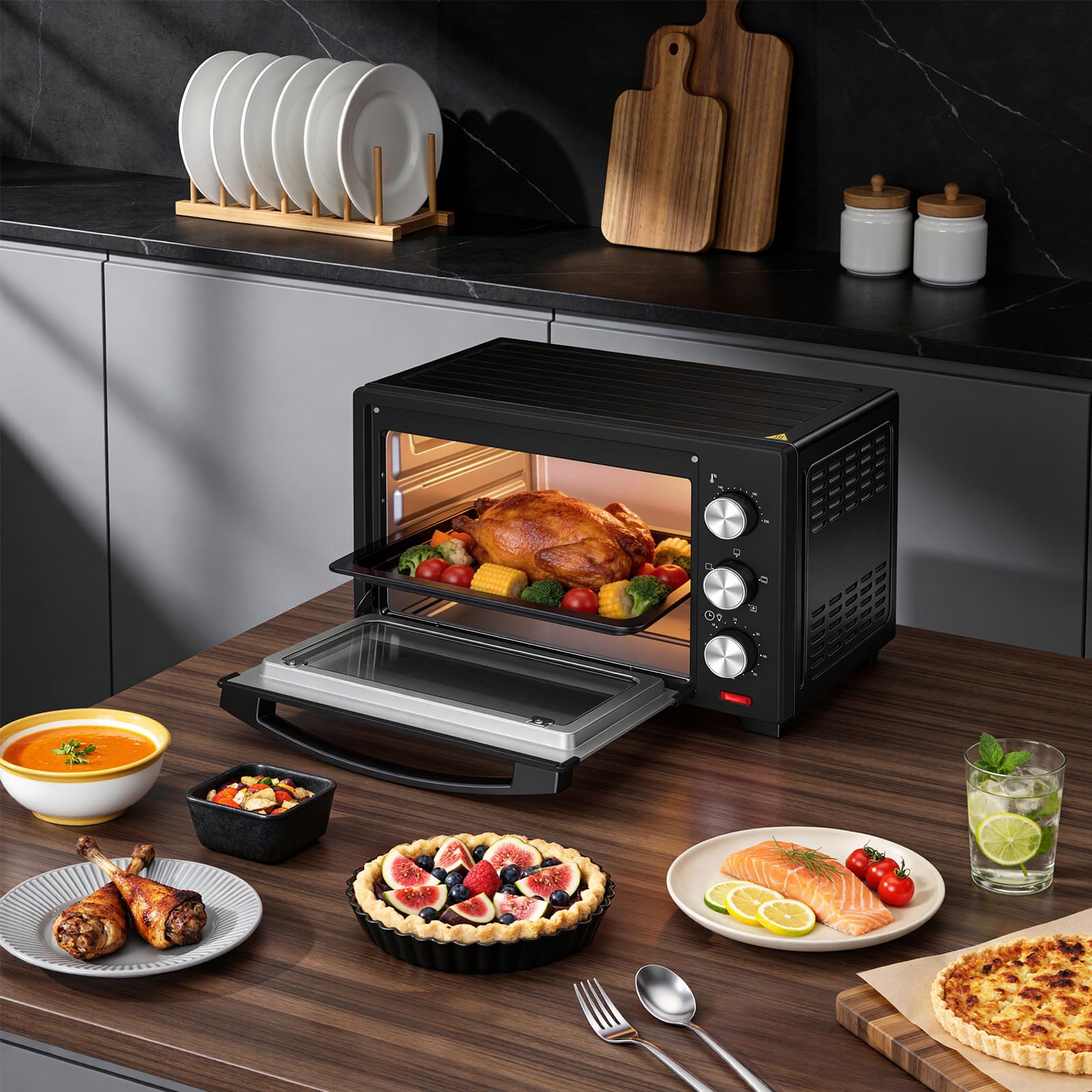 WOLTU Mini Backofen mit Umluft 28 L, Pizzaofen 1600 W, 100-230 °C, Timer 0-60 Min., 3 Heizmodi, inkl. Backblech Grillrost Krümelblech Rostheber, Mini Ofen für Backen Braten Auftauen Erhitzen, Schwarz