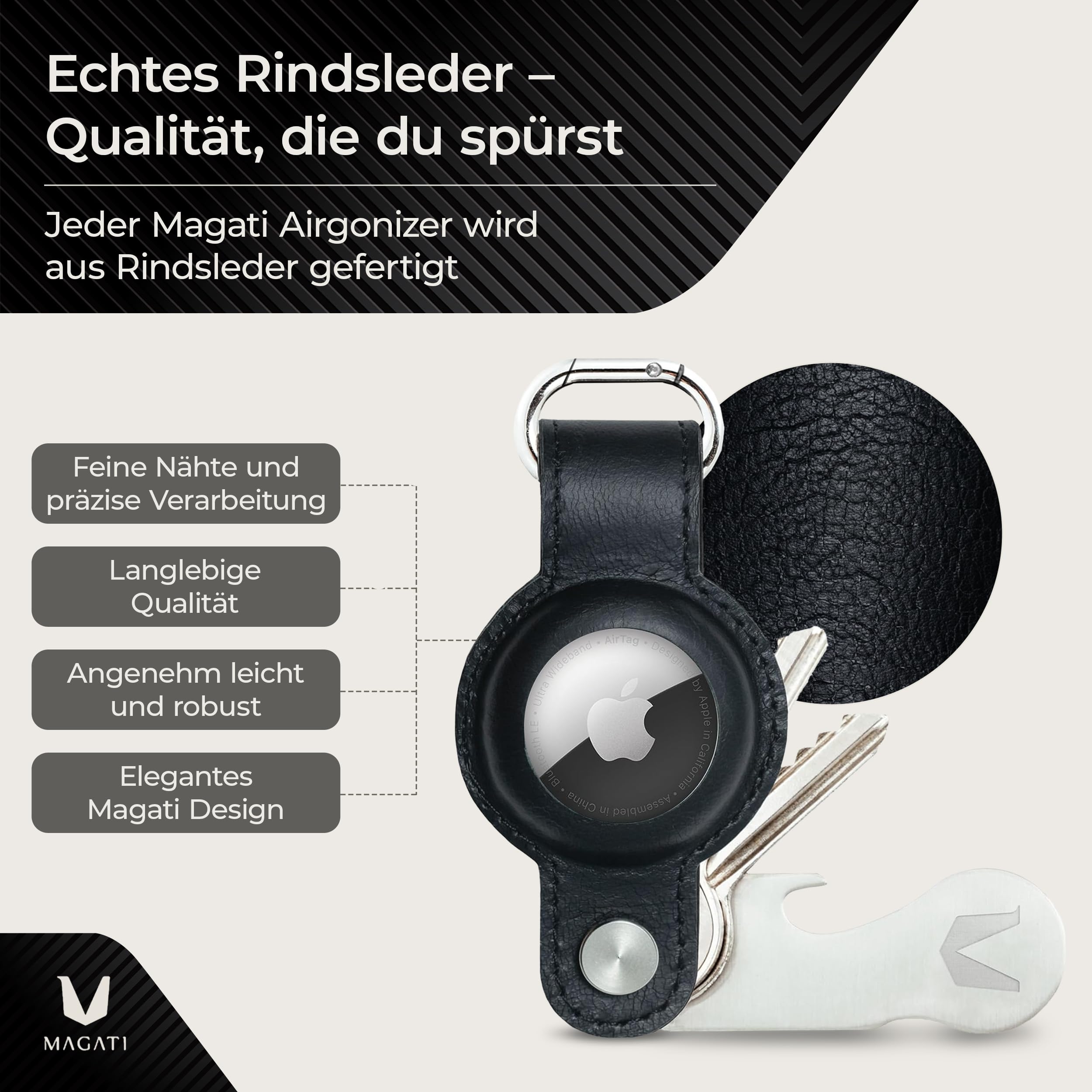 MAGATI Airgonizer (Schwarz) – Schlüssel Organizer mit AirTag Schlüsselanhänger aus hochwertigem Leder & Multitool – Kompatibel mit Apple Airtag 1 & 2 – 1 Jahr Code24 Fundservice inklusive