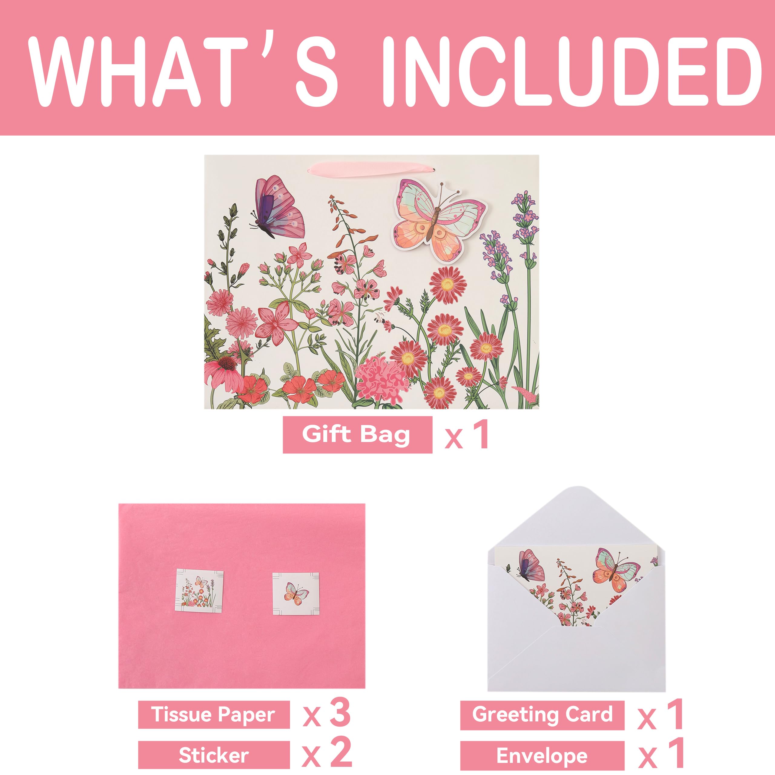 Qirrmiy 16.5” Extra Large 3D Butterfly Gift Bag Set with Handles, Greeting Card, Pink Tissue Papers and Stickers for Women Girls for Birthday, Mothers' Day, Wedding, Anniversary, Floral Design, 1 Pcs