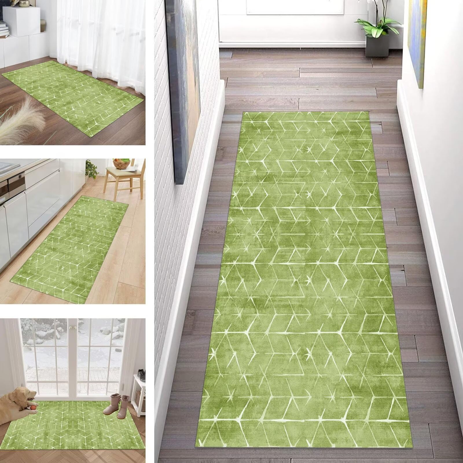 Buatisf Rug, Hallway Runner, Long Washable Green Carpet Runner for Corridor, Bedroom, Modern Polyester Construction, Made to Measure, Sold by the Metre — image 1