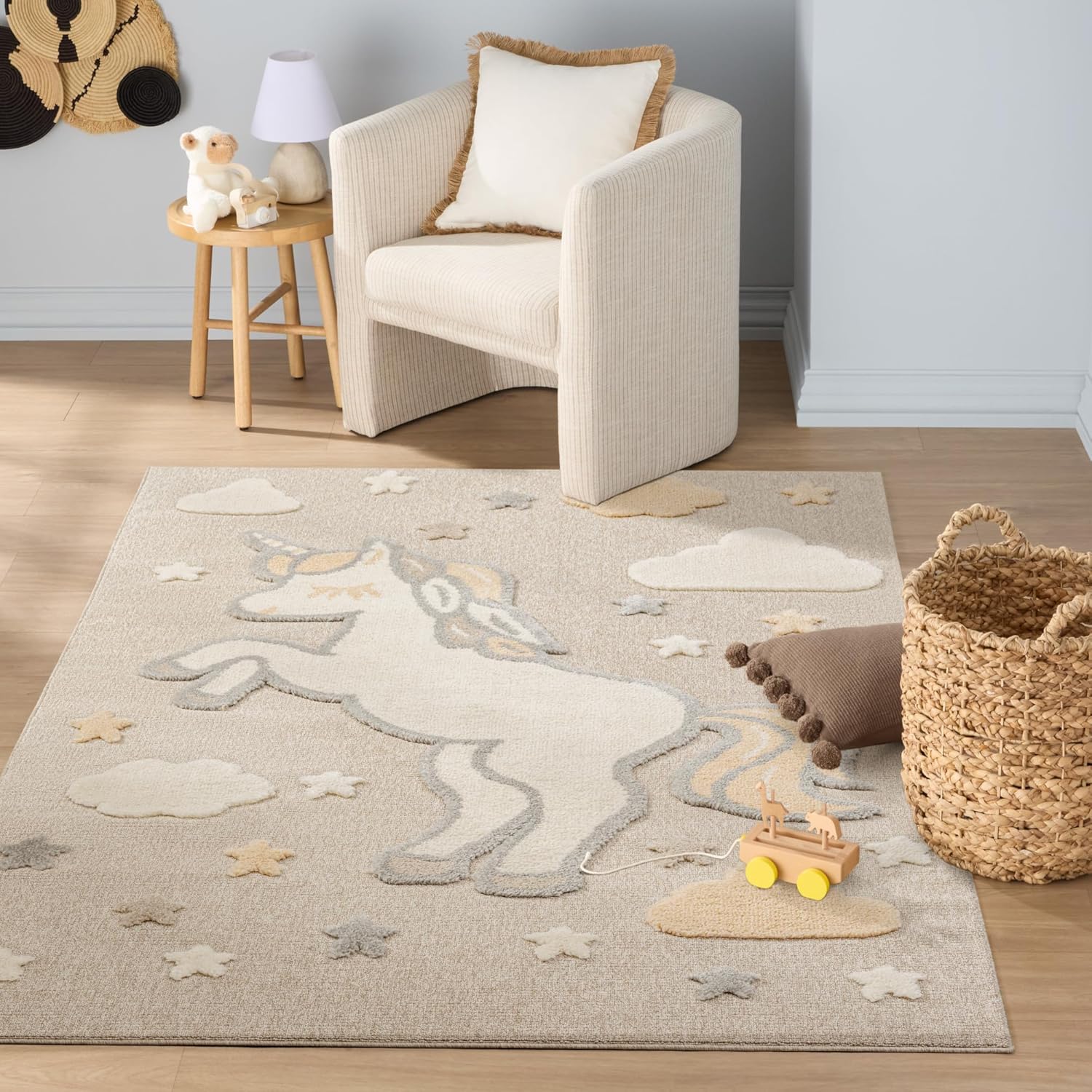 TOWN & COUNTRY PLAY Starlight Unicorn Dream Kids Area Rug, Soft & Plush, Calming, Bedroom Rug, Nursery Decor, Playroom & Classroom Rugs, Beige/Multi, 5'2"x7’2”