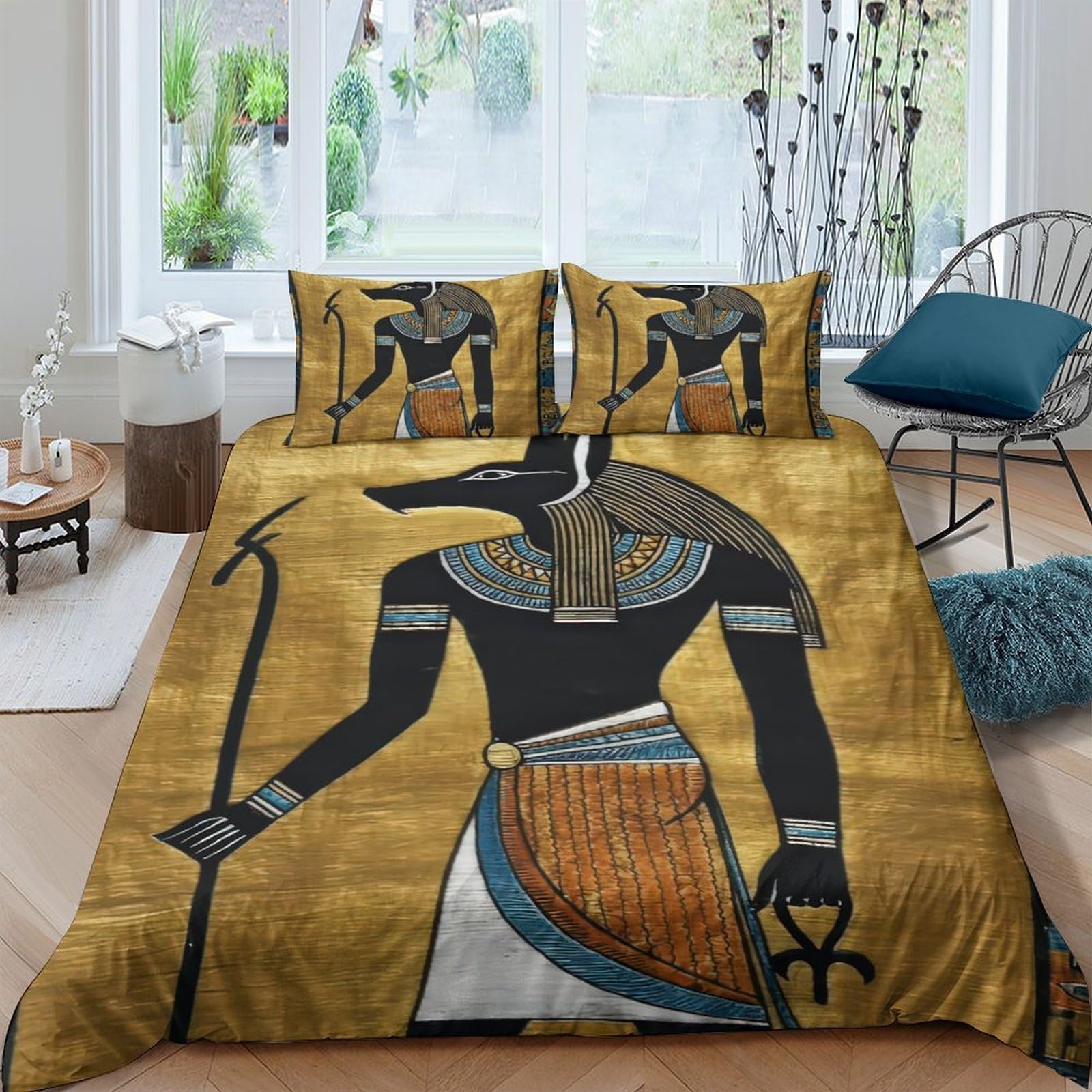 Ctjqhvkz Style-3 3D Printed Egyptian Anubis Fitted Sheet Microfiber Soft Gold Black Ancient Symbol Mattress Cover Bedroom Decor Single（135X200cm）