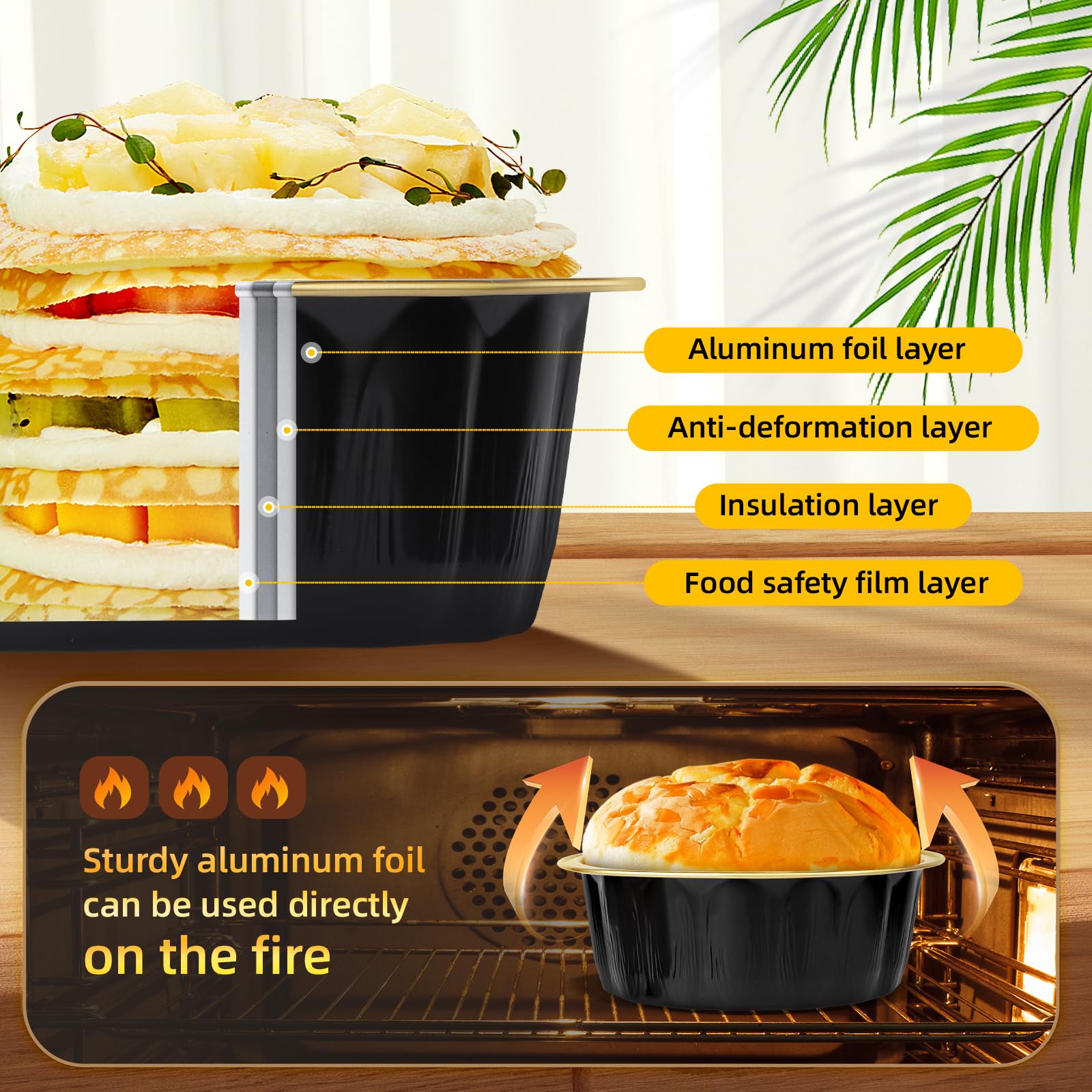 Beasea Creme Brulee - Ramequines desechables con tapas, paquete de 120 mini moldes de aluminio de 8 onzas, 4 pulgadas, color negro y dorado, pequeños moldes redondos para tartas, recipientes