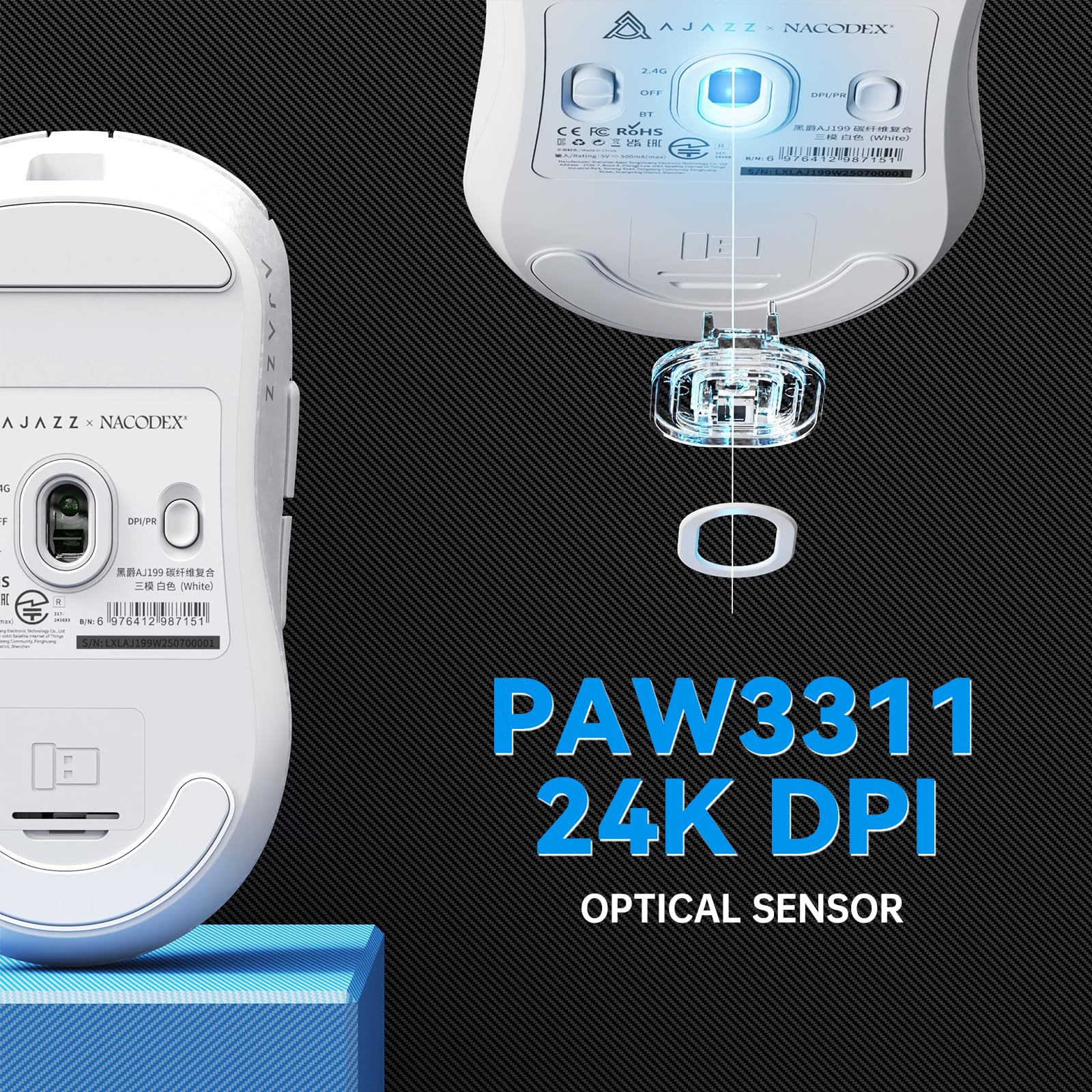A.JAZZ AJ199 Mouse da Gioco in Fibra Carbonio, Wireless 2.4G/BT/USB Cablato Tri-mode, Ultraleggero 55g, Sensore Ottico PixArt PAW3311 con 24K DPI e Polling 1K, Mice da Gamer per ufficio - Bianco