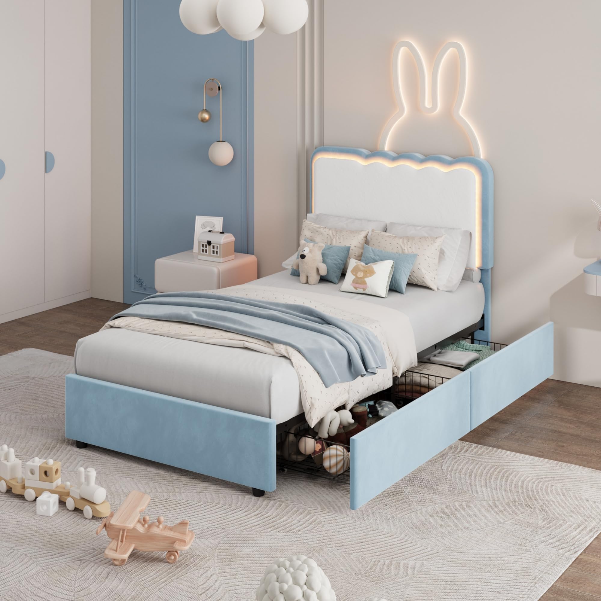 Garvee Irregular Wave LED 2-Drawer Soft Upholstered Bed, Soft Padding