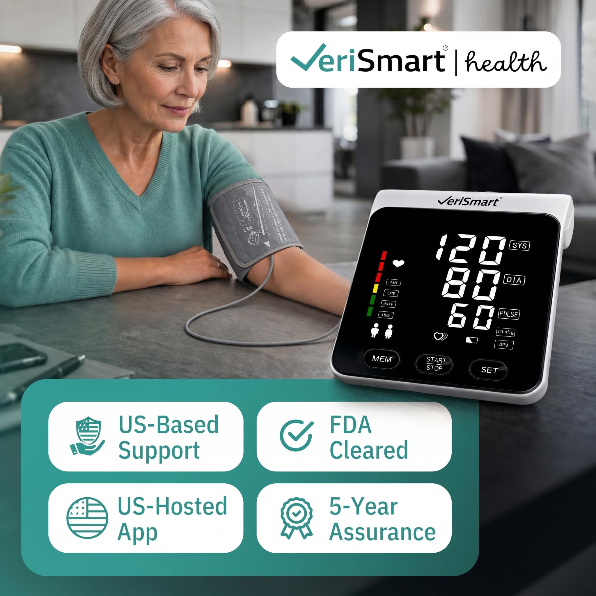 VeriSmart Monitor de presión arterial premium con la galardonada aplicación Smart Health Diary, pantalla LED grande de 16,3 cm, diseño ultrafino, manguito ancho, batería y USB-C, 5 años de garantía